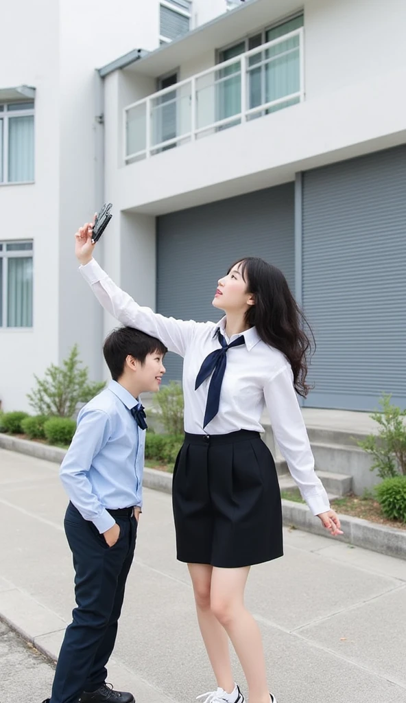 1girl, chinese beauty, giantess, selfie shot, from above angle, high angle shot, full body shot, standing next to a two-story villa, height comparison, tiny husband looking up, knee height comparison, 4x size difference, perfect golden ratio face, seductive expression, perfect body proportions, OL suit, office lady uniform, business attire, black pencil skirt, white blouse, (high quality, masterpiece, best quality, ultra-detailed), professional lighting, soft shadows, depth of field, photorealistic, hyperrealistic