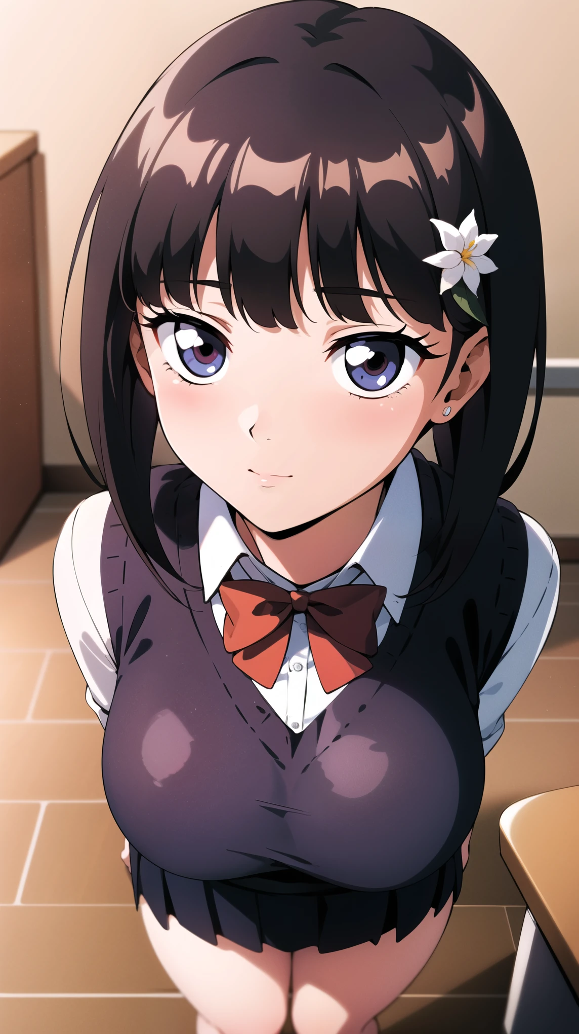 Full body, school uniform,red bowtie,white shirt,Blue sweater vest,pleated skirt,flower hair clip, hair flower, hair ornament, Red eyes:1.5,bangs, black hair, long hair,1 girl, 18yo, Young female,Beautiful Finger,Beautiful long legs,Beautiful body,Beautiful Nose,Beautiful character design, perfect eyes, perfect face,expressive eyes,perfect balance,looking at viewer,(Focus on her face),closed mouth, (innocent big eyes:1.0),(Light Smile:0.3),official art,extremely detailed CG unity 8k wallpaper, perfect lighting,Colorful, Bright Front face Lighting,White skin,(masterpiece:1.0),(best quality:1.0), ultra high res,4K,ultra-detailed,photography, 8K, HDR, highres, absurdres:1.2, Kodak portra 400, film grain, blurry background, bokeh:1.2, lens flare, (vibrant color:1.2),professional photograph,(Beautiful,large Breasts:1.4), (beautiful face:1.5),(narrow waist),