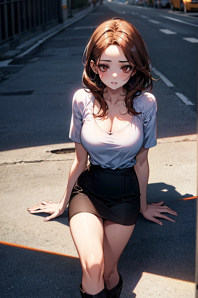 concept:beautiful woman portrait, quality:(highest quality, 8k, 4K, High resolution, masterpiece:1.2), Super detailed, (real, photorealistic:1.37), High quality artwork, beautiful illustrations, illumination:Bright colors, Lens flare, The overall dramatic atmosphere of the scene, natural light, Subject information:alone, sexy woman, (round eyes), (small face), (high detail skin:1.2), long eyelashes, glossy lips, (auburn hair, long straight, Patsun bangs, emerald eyes), perfect face, cute face, shiny skin, long eyelashes, (big breasts), (slender body:1.2), (Mini T-shirt that fits the body), white t-shirt, branded on the t-shirt is waaagh in english, Great body lines, spread your legs, hot pants,(((I can see the underboob:1.4))),(cropped tops:1.2), Other details:sitting on the bench, night park, The faint light of a street lamp, Realistic light and shadow with attention to detail, beautiful skin, shiny skin, perfect fingers, five fingers, anatomically correct, background bokeh, 135㎜, f/2.8, photo shoot, cat ears,