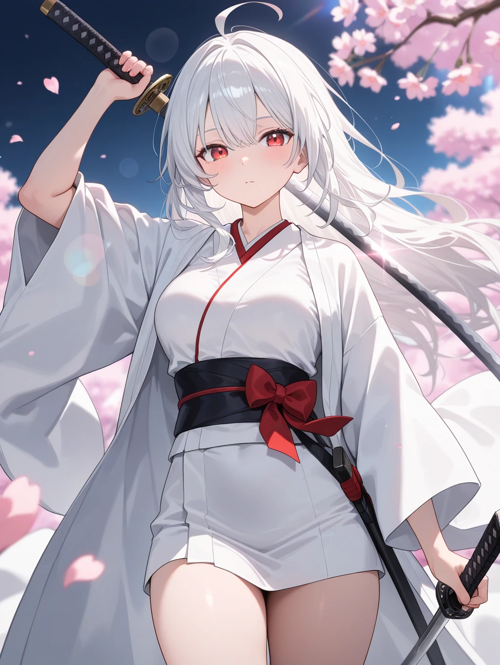 high quality,(best quality,4K,high resolution,masterpiece:1.2),super detail,Beautiful adult girl, long white hair, red eyes, medium breasts and small thighs, holding a sword, holding a weapon, katana, sword, Japanese clothes, haori, Ahoge, kimono, Lens flare, Cherry blossoms, Depth of field, Lighting effects, Looking at viewer, 
best quality, great quality, best aesthetic, absurdity, 2023,