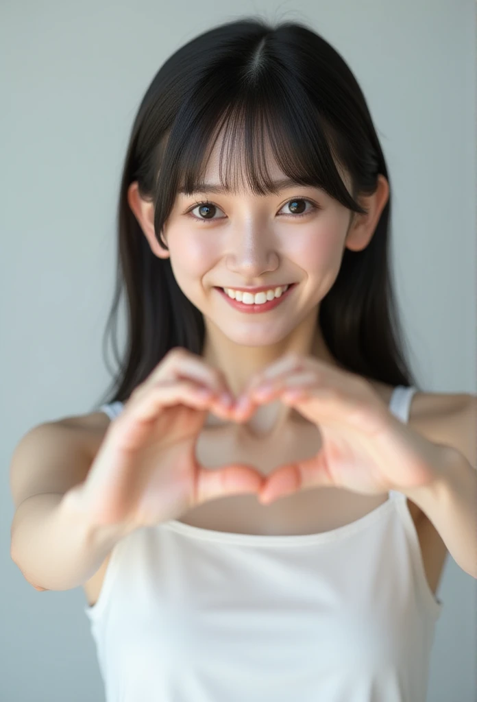  smile making a heart shape with hands:2.0、 (Ultra-precise human anatomy ,  top quality、 RAW photo、8k、32K、  masterpiece  、 realistic 、 Photorealistic:1.37)、Cute Japanese women images、 tank top in front of urinal、 Shot in natural light、 upper body、 1 girl、Photo Mapping、Physically based rendering、 high image quality、 high definition 、1080P、( beautiful face)、(Detailed description of the face)、( Detailed description of the hand setter&#39;Muscle area)、( CG in detail)、 rich details 、( Stunning Features :1.35)、( detail eyes)、 looking forward to your eyes、Delicate clavicle、 various poses 、非常にリアルで詳細な若い女性の upper bodyポートレート。The skin is beautiful、  Soft light is reflected in the high part of the cheek  .、 Tiny pores and hair follicles、 You can see even the thinnest blood vessels 。The skin is smooth、natural flushing of cheeks 、Healthy glow。 The eyes are large and clear blue、Her iris has fine patterning、 Light is reflecting and shining in the eye。 There is a slight shadow under her eye 、 Her eyelashes are long and naturally curled。 her lips are soft pink 、Smooth texture with a natural glow、 Slightly reflects light。  the woman wears a simple white top  .、 background is pale black and white gradation .、焦点は完全に顔と upper bodyに当たっている。 realistic  shadows and textures、 picture-like depiction.。
