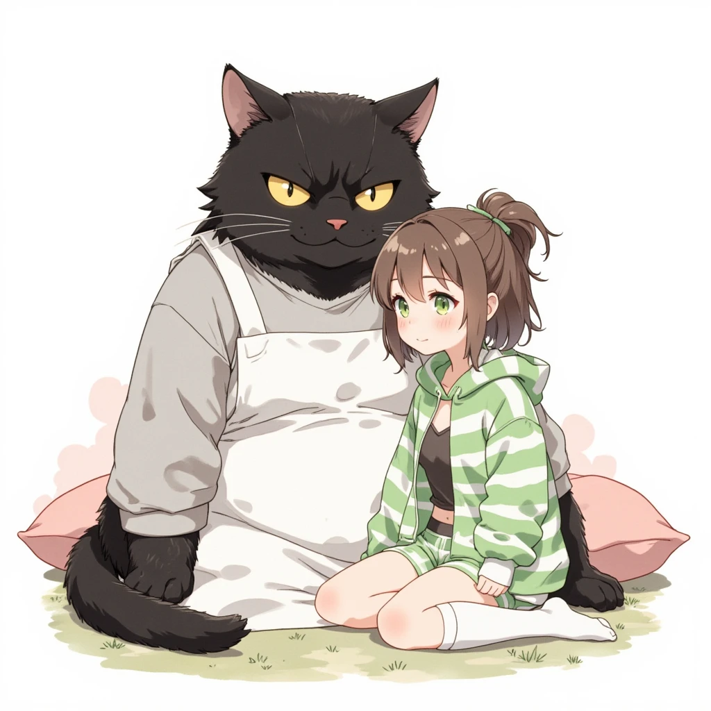 Watercolor painting illustration, full body, A big-black-cat and A cute-young-girl are sitting on cushion, A big-black-cat is 1cat\(A fat furry male black cat, wearing a white apron with long sleeves, His Ears tilted back and spread out to the sides, drooping ears, Slit yellow eyes, slit eyes, slit yellow eyes\), A cute-young-girl is 1girl\(brown hair, asymmetrical hair, updo, Lime Green eyes, A light green horizontal striped open-front hoodie over a black camisole, Light green striped shorts, White thigh high socks, wariza\), simple white background