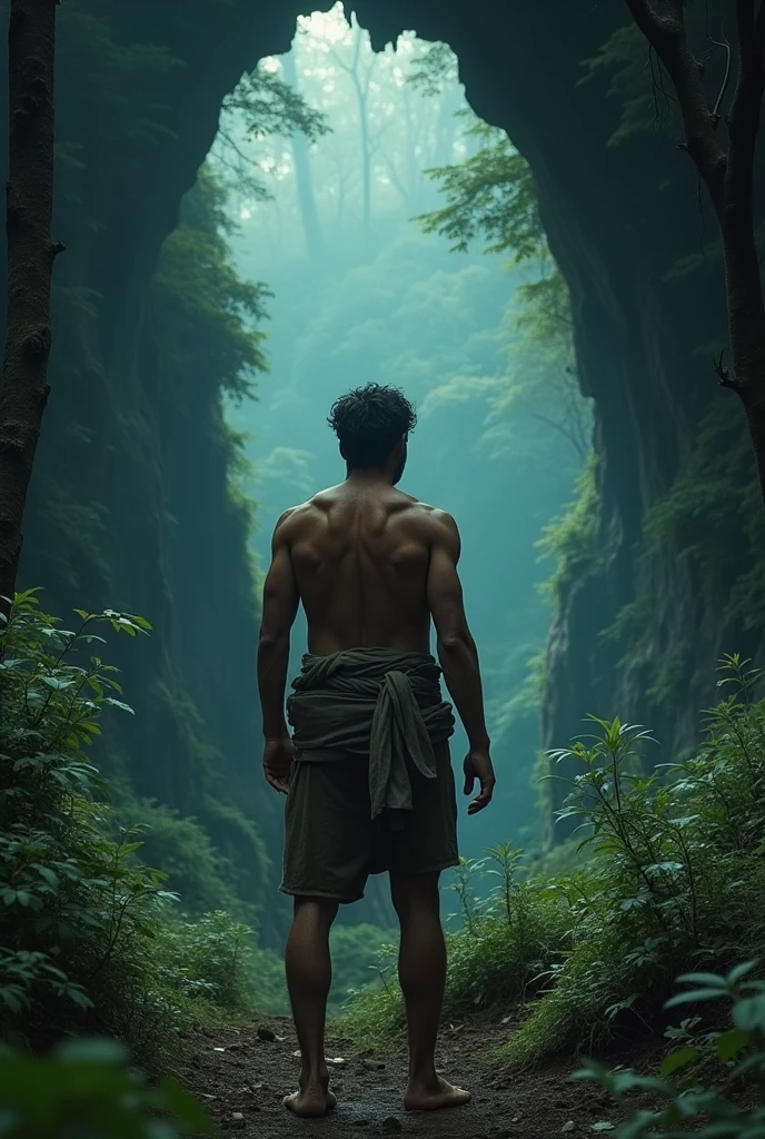 man with a back full of scars in the dark forest