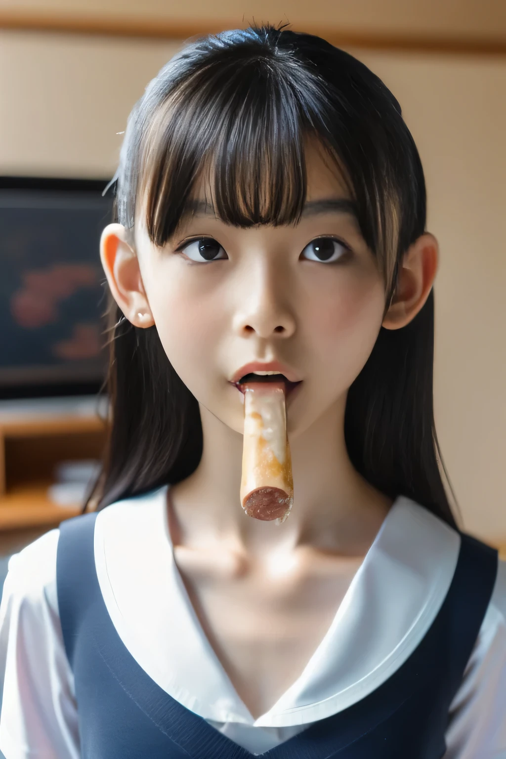 masterpiece, best quality, intricate details, extremely detailed, cinematic lighting, solo, 1girl, a 16yo Japanese schoolgirl, White skin, (oral, blowjob, deepthroat, french bread in hand, shovel a big sausage into mouth, fully open mouth:1.4), (large breasts, ), dark hair, twintail hair, cute face, extremely detailed face, beautiful detailed eyes, sophisticated nose, pale skin, fine-textured skin, sweaty, shiny skin, photo background, at bed, school uniform, school uniform, japan, jav, deep throat, 