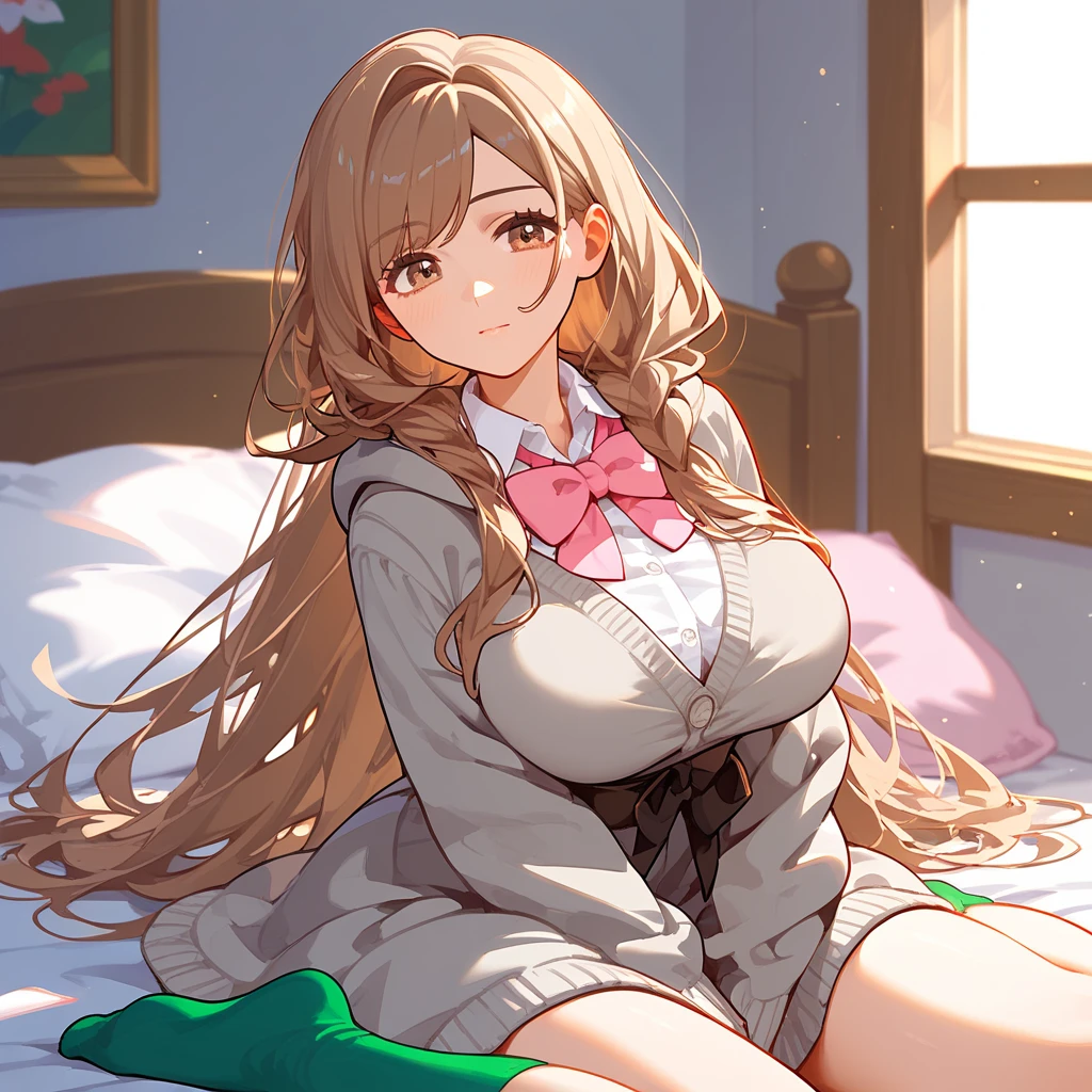 (8k,  top quality,   masterpiece  :1.3), pose, 1 girl in uniform,  very beautiful face  , random expression ,ＪＫ_ style for stilets ,(Age 19),Big Breasts, (pokemon), brown hair, brown eyes, grey cardigan, hooded cardigan, cable knit, pink dress, green socks, long sleeves, collared dress,