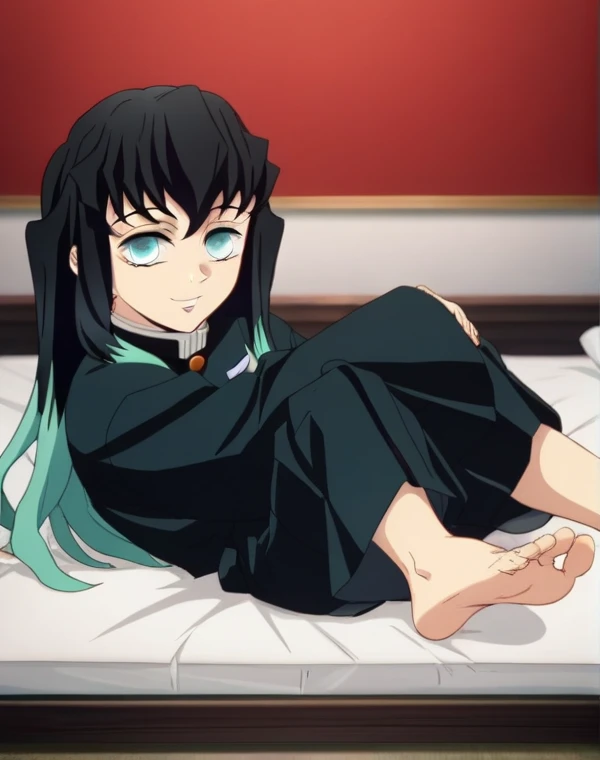score_9, score_8_up, source_anime,
1boy, Tokito Muichiro, alone, looking at viewer, cowboy shot, ANIME SCREENCAP, anime coloring, in his bedroom, lying on the bed face down, back resting on the bed, lifting legs to show his soles, barefoot, perfect feet, anatomically correct, soles, from above, focal length 35mm, each foot has five toes, front, symmetrical soles, foot focus, smile

Muichiro is a young boy of fair skin and short stature with a lean muscular build along with long, straight hair of a raven-black color that fades to a cyan color as it approaches his waist. He wears his hair loose with two clumps protruding slightly from each side of his head, a set of marginally shorter hair left down to frame his face, and unruly bangs over his forehead. He also possesses large, empty-looking cyan eyes. Muichiro wears a black standard Demon Slayer uniform, tinted bluish black in the anime, consisting of a button-up jacket with a stand collar. However, he wears longer, looser sleeves that are more reminiscent of those of a kimono than of the standard uniform shirt-like cuff sleeves. Along with this, in the place of the standard tattsuke hakama wrapped by a pair of white kyahan around his calves, he wears his hakama in the umanori style, that along his style of sleeves, gives a loose and oversized appearance to his whole garment