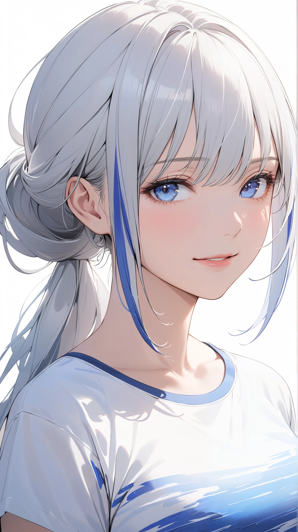 face details,semi realistic, Masterpiece, Master work, perfect , 4k, 1woman, mature body, big size breast, straight shoulder-length hair, ponytail hair style, flat Bangs hair style, white colored hair, (((blue-streaked white hair))), closed eyes, gentle smile expression face, parted lips,wearing printed t-shirt, wearing short denim pants, walking pose, empty background, white background, high res, ultrasharp, 8K, masterpiece, looking at the viewer (masterpiece), best quality, expressive eyes, perfect face