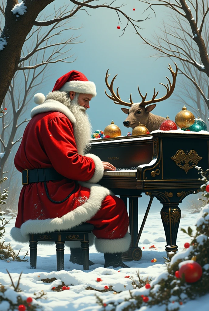 Christmas, a moment of peace, a forest that has become a battlefield, burnt trees and flowers, missile fragments, a grand piano on the snowy ground, Santa Claus playing, reindeer carrying Christmas ornaments, This is cute fantasy art that looks like a fairy tale picture book, ultra detailed, absolutely resolution, masterpiece