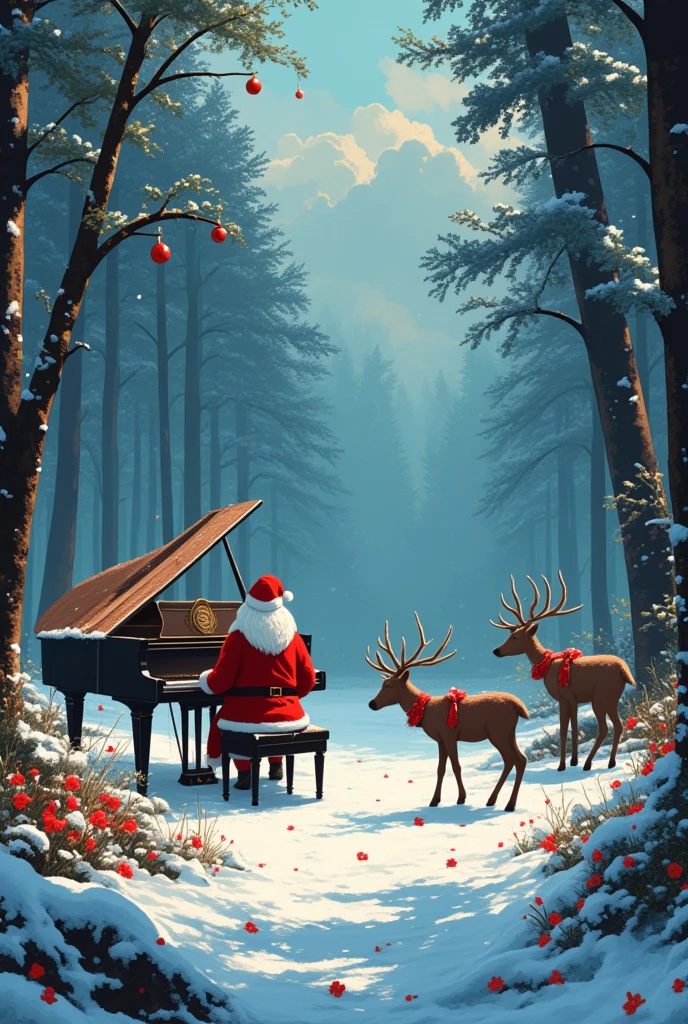 Christmas, a moment of peace, a forest that has become a battlefield, burnt trees and flowers, missile fragments, a grand piano on the snowy ground, Santa Claus playing, reindeer carrying Christmas ornaments, This is cute fantasy art that looks like a fairy tale picture book, ultra detailed, absolutely resolution, masterpiece