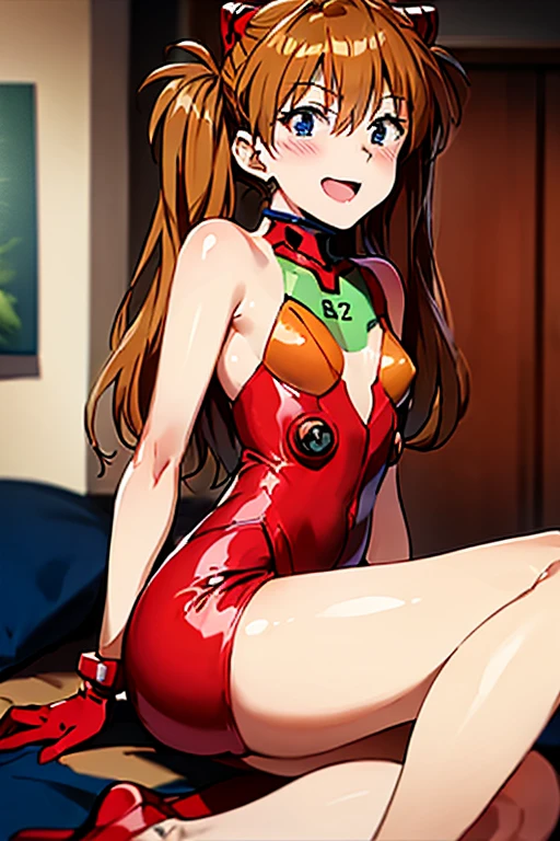 (( top quality)), ((masterpiece)), (be familiar with),  perfect face, indoor, bedroom,  watching viewers,
One woman,  Soryu Asuka Langley,
 open mouth,  with an ecstatic expression , blush, smile,
 small tits,  flat chested, Young girl, Lori,  s,  girl,
 long hair,  twin tails,
Leg spread,