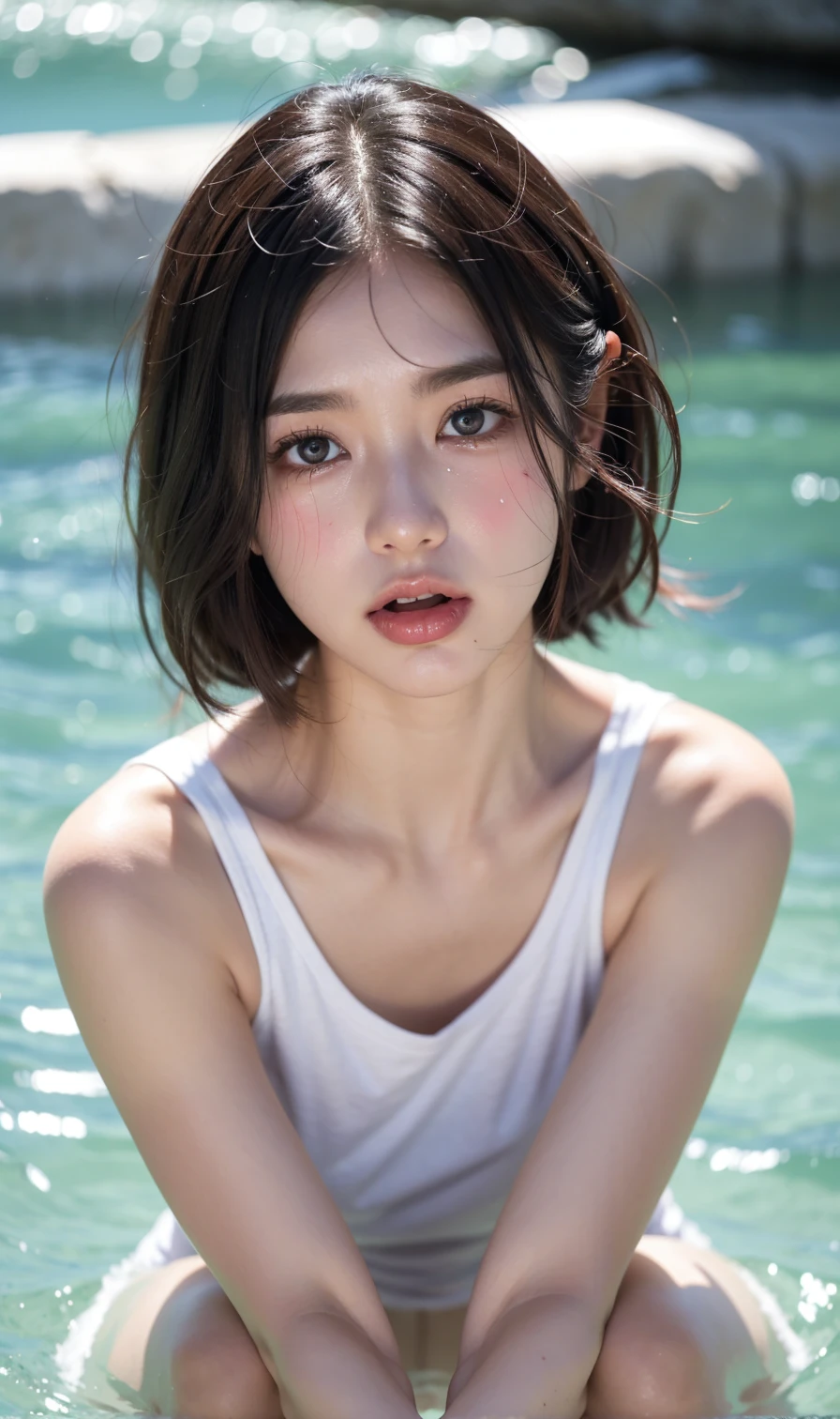 (8k、RAW Photography、best qualiy、masterece-piece:1.2)、Ultra Verbose、Super Resolution、(Realstic、real photographic:1.37)、portrate、High-definition RAW color photo、Professional Photography、an extremely detailed and beautiful、extremely detaild、8K wallpapers、amazing detailed、huge filesize、Official Art、Highly detailed CG Unity 8k wallpapers、extremely detailed beautiful girl、with very highly detailed face、olhos altamente detalhados、exremetly detailed skin、extremely detailed fingers、extremely detailed nose、Highly detailed detailed mouth、Perfect ???????、detailed backgorund、Detailed clothing、The girls1people、(20:1.2)、20s、girl cute、Realistic body、short、White Skin Skin、shining skin、Slim body、blackhair、short haired、(blunt bangs: 1.2)、Sorrisos、kawaii、Assuming々Right、kawaii face、realistic faces、Delicate eyes、Sauce order、((Naked with a towel wrapped around it))、((Hot springs))、(((bra-less)))、((WET　BODY))、((wet hair))、(((Cross your arms behind your head)))、(((spread leg)))、(((Sad look)))、((Sexy and dynamic poses))、see‐through、neckless、ear ring、Looking at the camera、cowboy-shots、Contrapo、dinamic lighting、ＣCup milk、