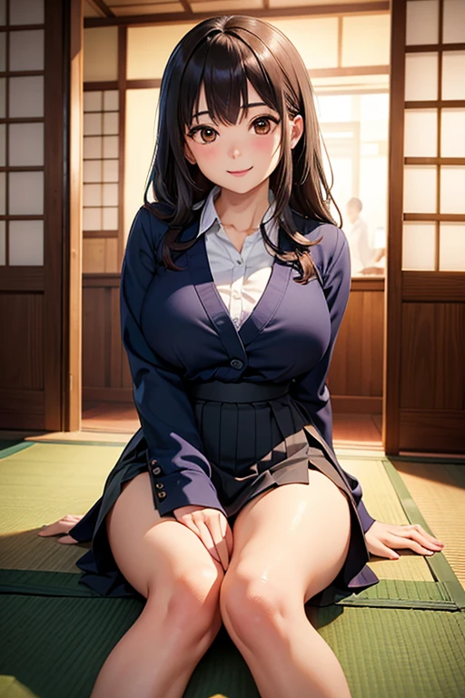 (( top quality)), ((  masterpiece  )), (  detailed hands , Detailed Fingers ,Detailed feet), perfect anatomy,  1 28 year old Japanese girl, Side view of a girl,Turn your face to the viewer and smile at the viewer,Big Breasts,Sexy office lady,White collared shirt,tight skirt with black slits,Sit with your foot down on tatami mats in an izakaya,It&#39;s night outside,Woman sitting in front of a low table with lots of food in a dimly lit room , long dark hair , beautiful face, slender body ,Gentle double eyelids, dark eyes,I'm drunk and blushing slightly ,((Slightly unbuttoned shirt,A beautiful neck, red lips,smile,visible panties ,Open shirt collar)), A woman sitting in front of a low table with lots of food lined up with her face facing the viewer and smiling, black lace bra,Stick out your tongue just a little bit ,