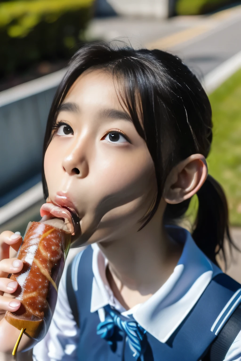 masterpiece, best quality, intricate details, extremely detailed, cinematic lighting, solo, 1girl, a 16yo Japanese schoolgirl, White skin, (oral, blowjob, deepthroat, french bread in hand, shovel a big sausage into mouth, fully open mouth:1.4), (large breasts, ), dark hair, twintail hair, cute face, extremely detailed face, beautiful detailed eyes, sophisticated nose, pale skin, fine-textured skin, sweaty, shiny skin, photo background, at bed, school uniform, school uniform, japan, jav, deep throat, 