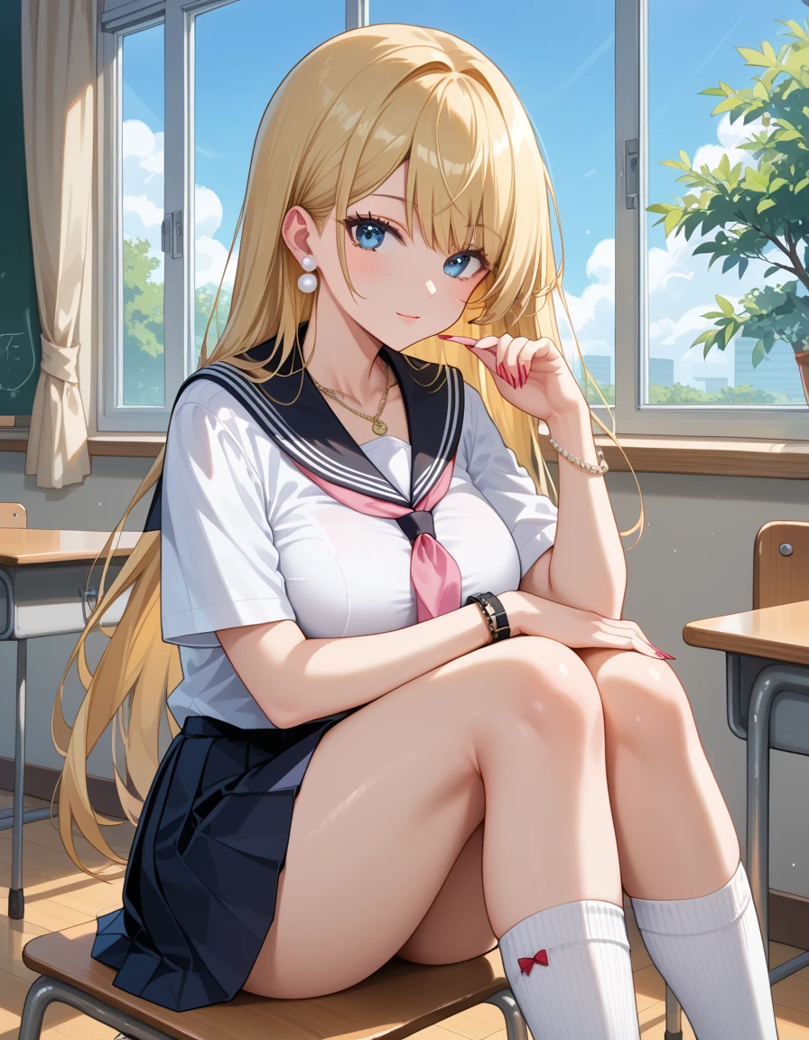 score_9, score_8_up, score_7_up, ((Best Quality)), (Super Detail), 1 Girl, blonde hair color, long hair, classroom, window, cherry tree, hip length hair, super long hair, Bangs, blue eyes, sitting, School uniform, Collared shirt, Bangs, Black socks, Black vest, Long hair, Long sleeve, white Cardigan, pink joints, Knee high, Dress shirt, necklace, collarbone, black dress, jewelry, sweater, earrings, pearl earrings, loose tie, socks, neckerchief, sailor collar, pleated skirt, white socks, black skirt, short sleeves, shirt, white shirt, black sailor collar, pink neckerchief, bracelet, long nails, bangs, extremely long hair, very big breasts, curvy, perfect hands, hand detail, fixed fingers, looking_al_Viewer, top quality, rich detail, perfect image quality,