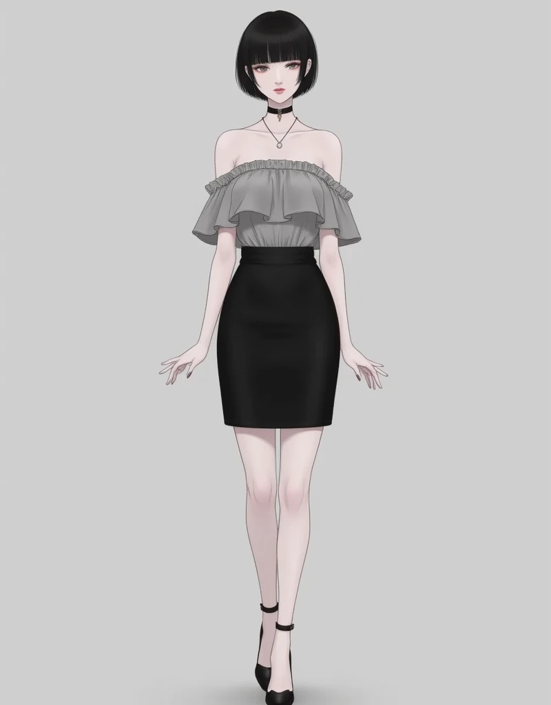 (grey background:1.2),(SOLO:1.4),outline,simple background,(((,standing,looking at viewer,arms at side))),artist:Kei_Satsuki,Kei_Satsuki_style，skirt, shirt,bare shoulders,collarbone,short sleeves,frills,choker,black skirt,off shoulder,black footwear,high heels,black choker,grey shirt,off-shoulder shirt,frilled shirt