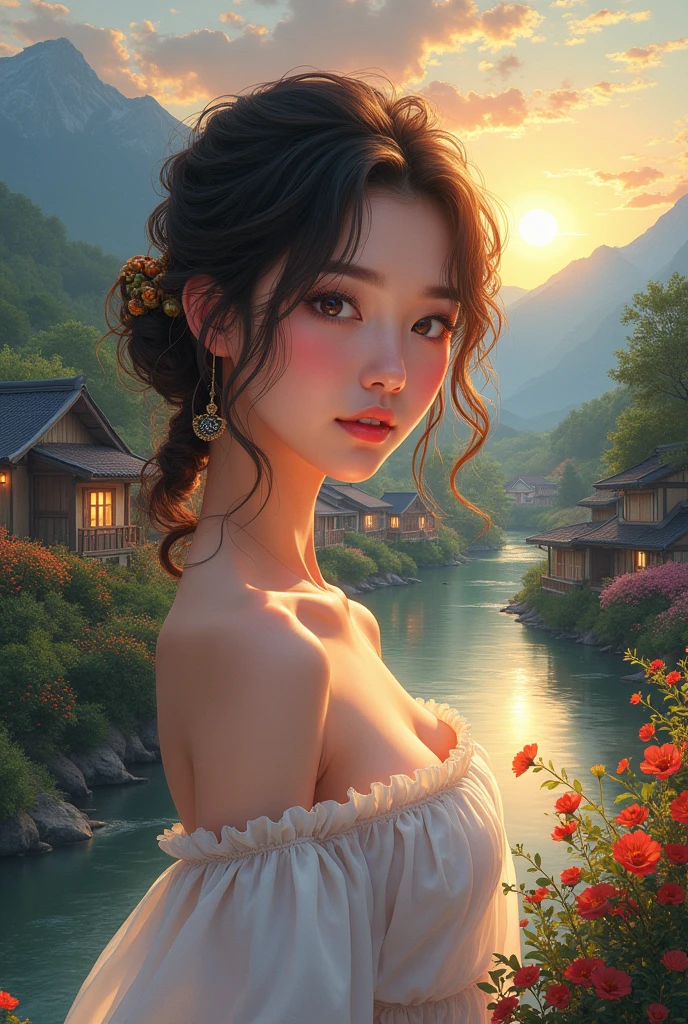 Imaginative thoughts on your dream girlfriend、Warm depiction,Envisioned as a dream lover and lifelong partner。She embodies the simplicity of Chinese rural girls、Industrious,Integrated with wisdom、Beautiful and hard-working character。This artistic depiction shows her in a rural setting,Exuding sweetness、Romantic atmosphere。((She wears simple denim overalls and a white shirt)),Reflecting her humble origins and down-to-earth character。Her facial features are gentle and beautiful,The expression is kind、Tempting。The background is a picturesque rural landscape,Rolling hills、Fields and traditional country houses,Adds a sweet rustic romantic charm。The overall style blends realism and idealized rural beauty,embodies the dreamlike、The Essence of a Cute Country Girl, (floral watercolor painting:1.5),(Super high saturation, bright and vivid colors:1.5), (nsfw), (Look at the audience head-on:1.5)