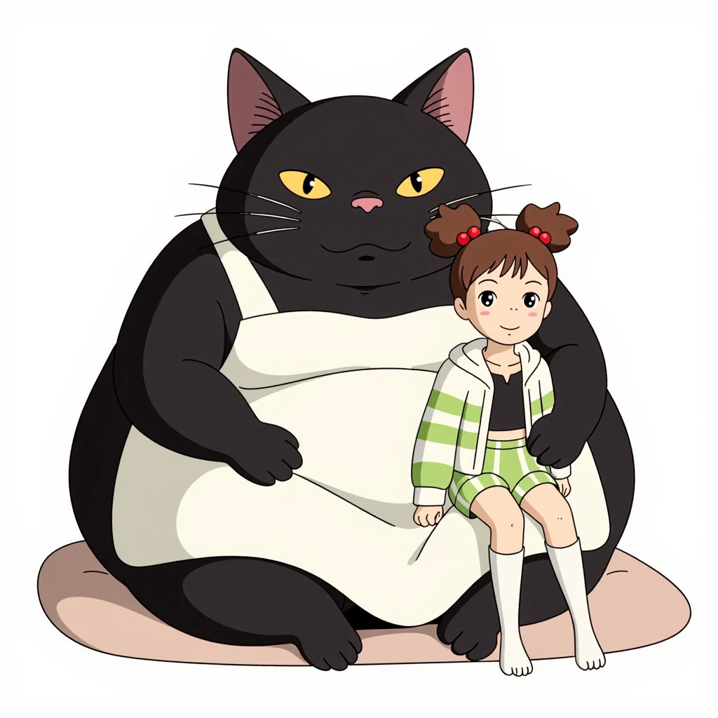 Watercolor painting illustration, full body, A big-black-cat and A cute-young-girl are sitting on cushion, A big-black-cat is 1cat\(A fat furry male black cat, wearing a white apron with long sleeves, His Ears tilted back and spread out to the sides, drooping ears, Slit yellow eyes, slit eyes, slit yellow eyes\), A cute-young-girl is 1girl\(brown hair, asymmetrical hair, updo, Lime Green eyes, A light green horizontal striped open-front hoodie over a black camisole, Light green striped shorts, White thigh high socks, wariza\), simple white background