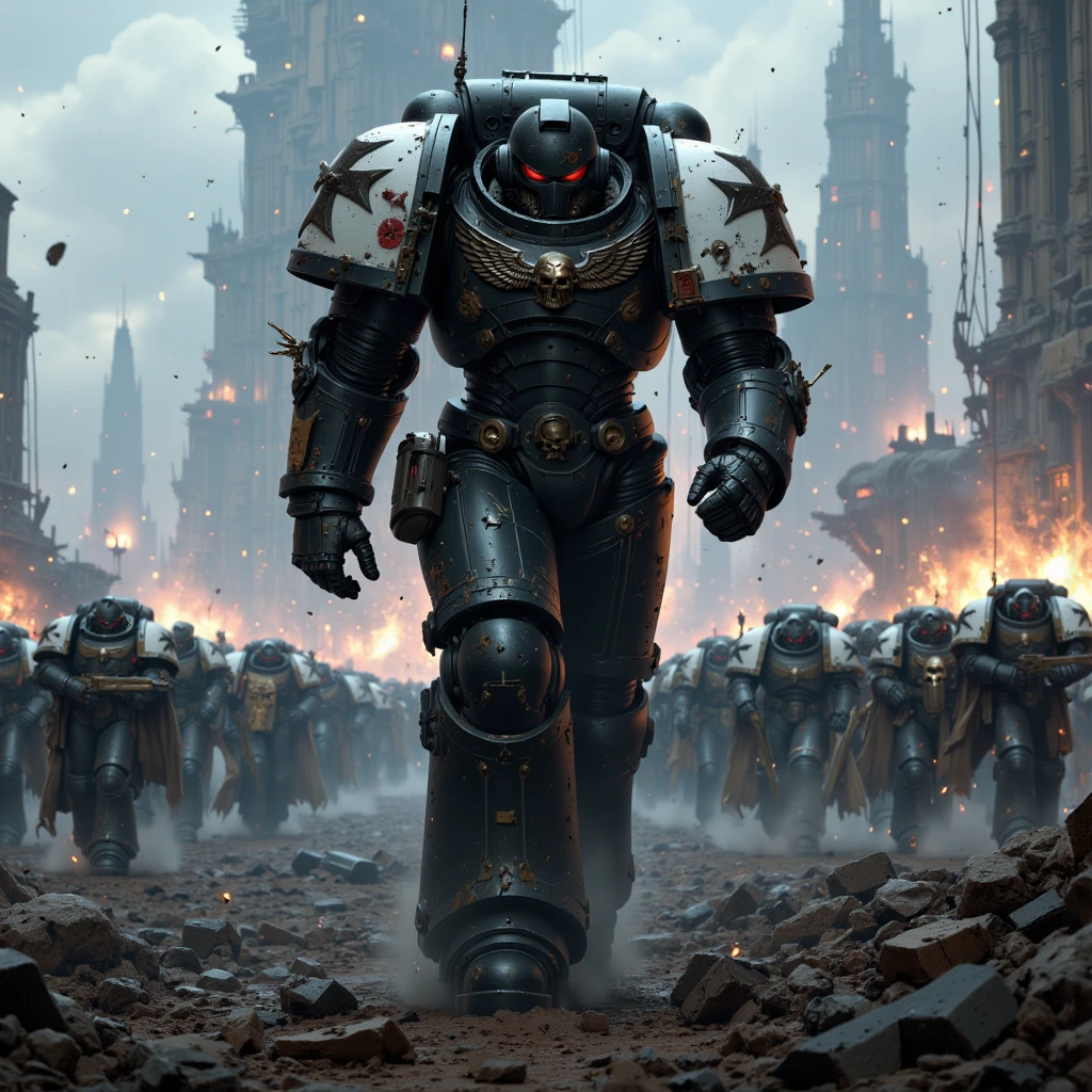 cinematic film still, Black tamplers, large space marine, walking in a battlefield with an army behind him, highly detailed, bokeh, moody, epic, film grain, grainy 