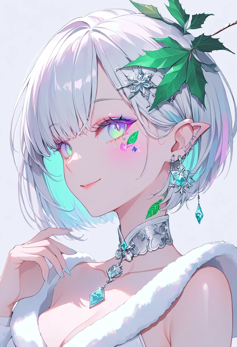 {nsfw}, medium breasts, one woman smiling, female profile, Face tattoo, Leaf shape, Eyes, digital tattoo, neon color, Neon white, white base white hair, Pastel colors, short bob hair, barrette masterpiece ,Best Quality,Exquisite,8k, absurd,Ultra-detailed illustrations, white Santa Claus costume, gemstone pierce, armpits, 