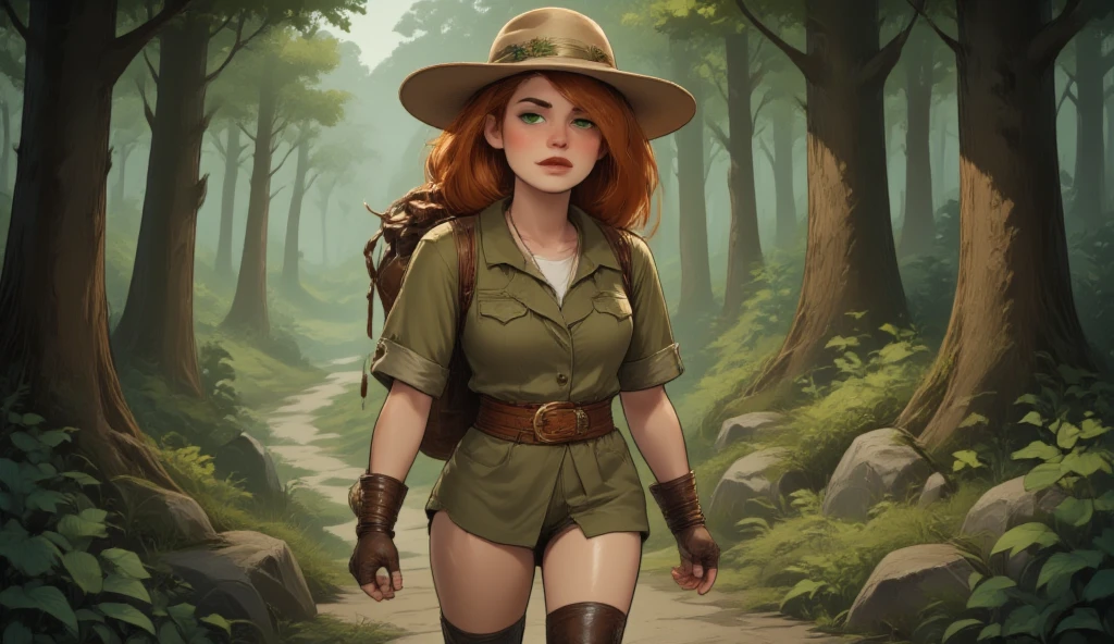 Vera a  girl, with vibrant green eyes and shoulder-length auburn hair,  hairstyle in soft waves . The character wears a wide-brimmed beige hat adorned with a subtle leaf pattern around the brim.. He wears a short-sleeved olive green safari jacket with rolled cuffs.,  the jacket has two chest pockets and is cinched around the waist with a brown belt that has a gold buckle. Below, a white shirt peeks out. The character wears brown calf-high boots with laces and darker brown soles.. on the back, He carries a small rustic brown leather backpack secured with straps over his shoulders. The overall appearance suggests an adventurous spirit. You are exploring a dense forest , walking on a path.