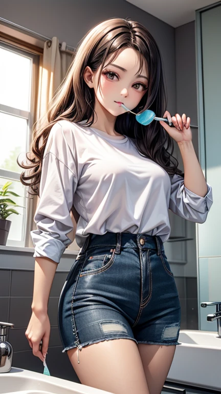 8k⒉5D Japanese animation style, Nordic beautiful girl wearing a pure white big size men's shirt, brown long hair with prominent curly hair, standing on the sink with half-asleep eyes, brushing her teeth with a toothbrush in her right hand and mouth