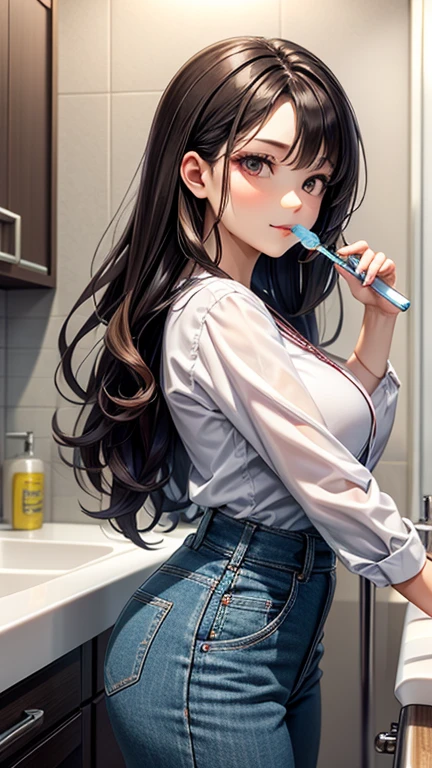 8k⒉5D Japanese animation style, Nordic beautiful girl wearing a pure white big size men's shirt, brown long hair with prominent curly hair, standing on the sink with half-asleep eyes, brushing her teeth with a toothbrush in her right hand and mouth