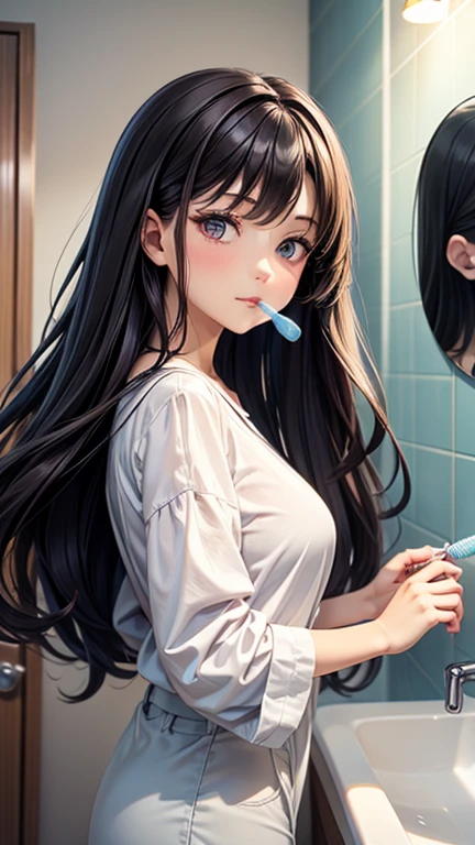 8k⒉5D Japanese animation style, Nordic beautiful girl wearing a pure white big size men's shirt, brown long hair with prominent curly hair, standing on the sink with half-asleep eyes, brushing her teeth with a toothbrush in her right hand and mouth