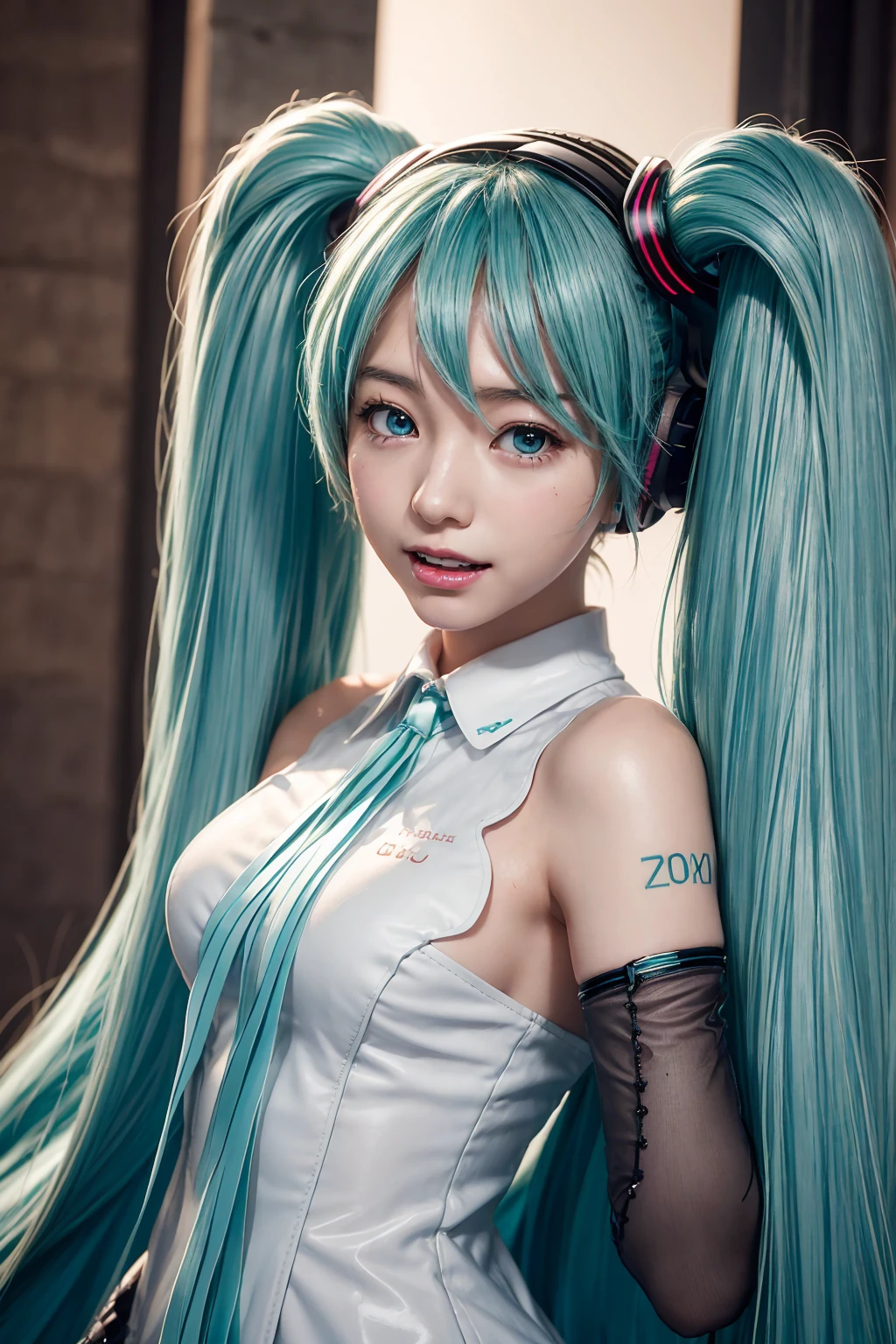 (front focus), keyword:  one girl in photoshoot, ((( Hatsune Miku ))), ( in the dark :1.6), HYPERREALIST PORTRAIT ,  fantasy art ,  Photorealistic, Dynamic Lighting, Poster, Bokeh, Volumetric Light,  Highly Detailed Faces, 8k, Awards,  one girl,  25 year old woman,  Deep Shadow , Modest,  long twin tail ponytail, Light Tosca hair and eye color  (((Strong color ))),  Big Breasts , Round Breasts,  Necklaces  , whole body,  big smile ( open your mouth),  wet skin ,  Highly Detailed Facesと肌の質感, fine grain,   Real Eyes , 美しいfine grain, (  real skin ), (((futuristic  Hatsune Miku  dress 1:1))),  dynamic poses 