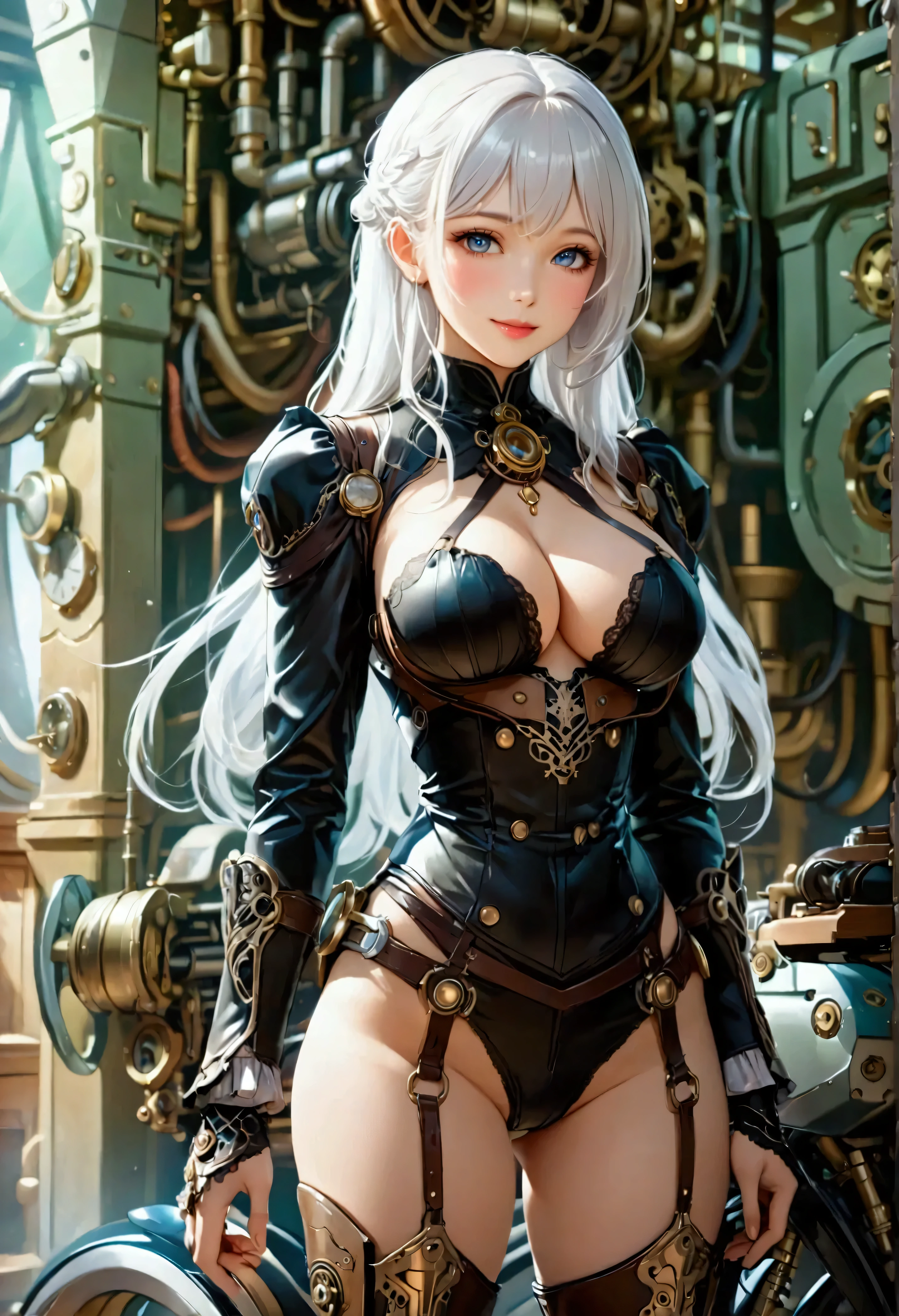 ((  masterpiece  ,  top quality,  Max Image,  high definition )), ((Highly detailed CG composite 8K wallpaper)), ((full body shot)), Steampunk、  young beautiful girl 、 ((large breasts:1.2), (huge breasts:1.2), (Uplifted and well-defined bust:1.2), (lifted chest:1.2), (perky breasts :1.2),(deep cleavage:1.4), sexy long legs, Chest without clothes 、leather long boots,  Dreamy, smile, white hair , standing next to mechanical bike