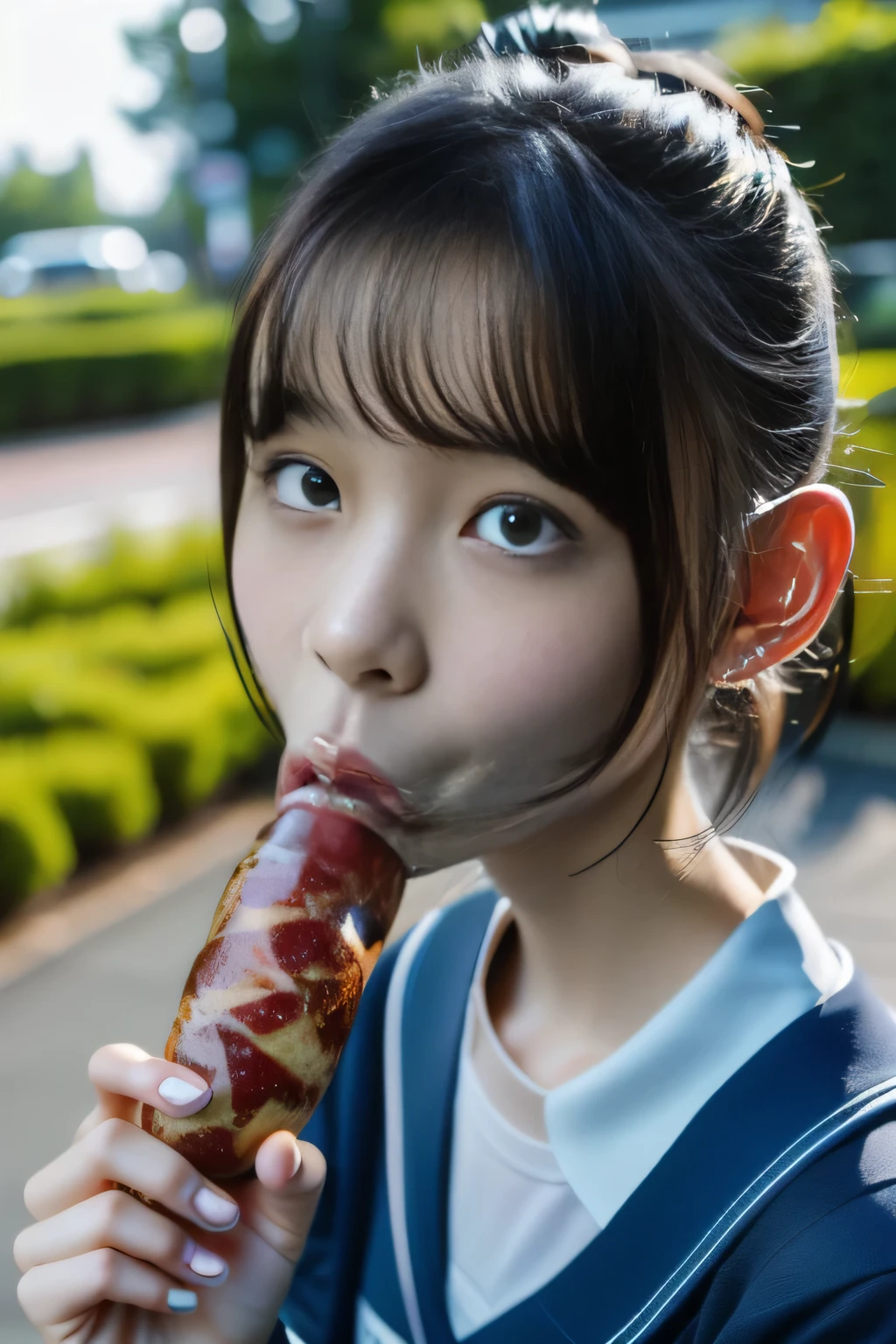 masterpiece, best quality, intricate details, extremely detailed, cinematic lighting, solo, 1girl, a 16yo Japanese schoolgirl, White skin, (oral, blowjob, deepthroat, french bread in hand, shovel a big sausage into mouth, fully open mouth:1.4), (large breasts, ), dark hair, twintail hair, cute face, extremely detailed face, beautiful detailed eyes, sophisticated nose, pale skin, fine-textured skin, sweaty, shiny skin, photo background, at bed, school uniform, school uniform, japan, jav, deep throat, 