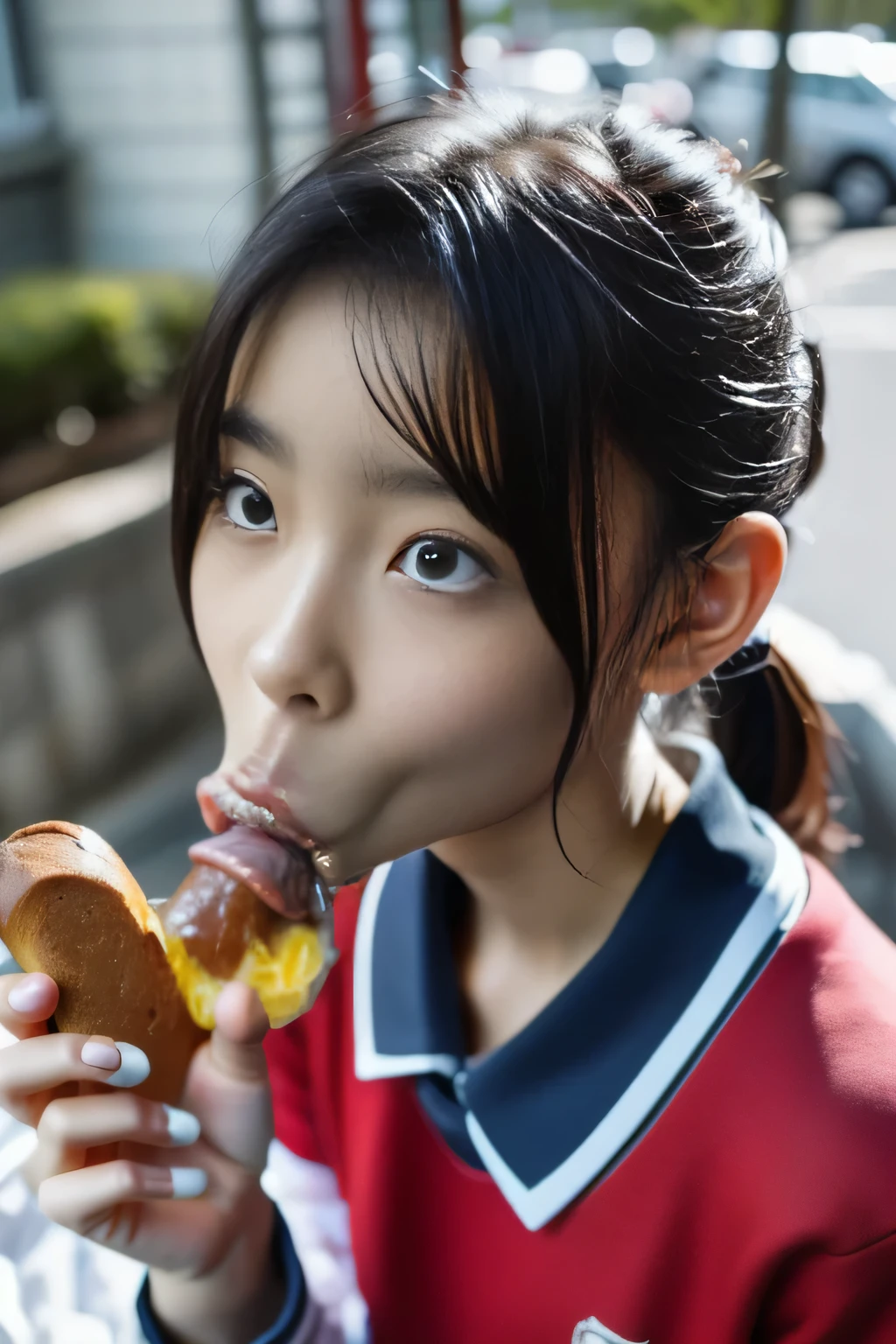 masterpiece, best quality, intricate details, extremely detailed, cinematic lighting, solo, 1girl, a 16yo Japanese schoolgirl, White skin, (oral, blowjob, deepthroat, french bread in hand, shovel a big sausage into mouth, fully open mouth:1.4), (large breasts, ), dark hair, twintail hair, cute face, extremely detailed face, beautiful detailed eyes, sophisticated nose, pale skin, fine-textured skin, sweaty, shiny skin, photo background, at bed, school uniform, school uniform, japan, jav, deep throat, 