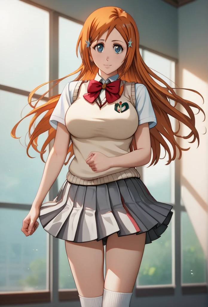 score_9,score_8_up,score_7_up,score_9,score_8_up,score_8,ultra detailed,beautiful face,detailed background,detailed face,4k,HD,8k,highres,antialiasing,detailed,texture BREAK orihime,1girl,solo,long hair,skirt,large breasts,shirt,bow,school uniform,white socks,hairclip,white shirt,short sleeves,pleated skirt,miniskirt,bowtie,grey eyes,orange hair,red bow,kneehighs,red bowtie,grey skirt,sweater vest,inoue orihime,room,room background,cowboy shot,