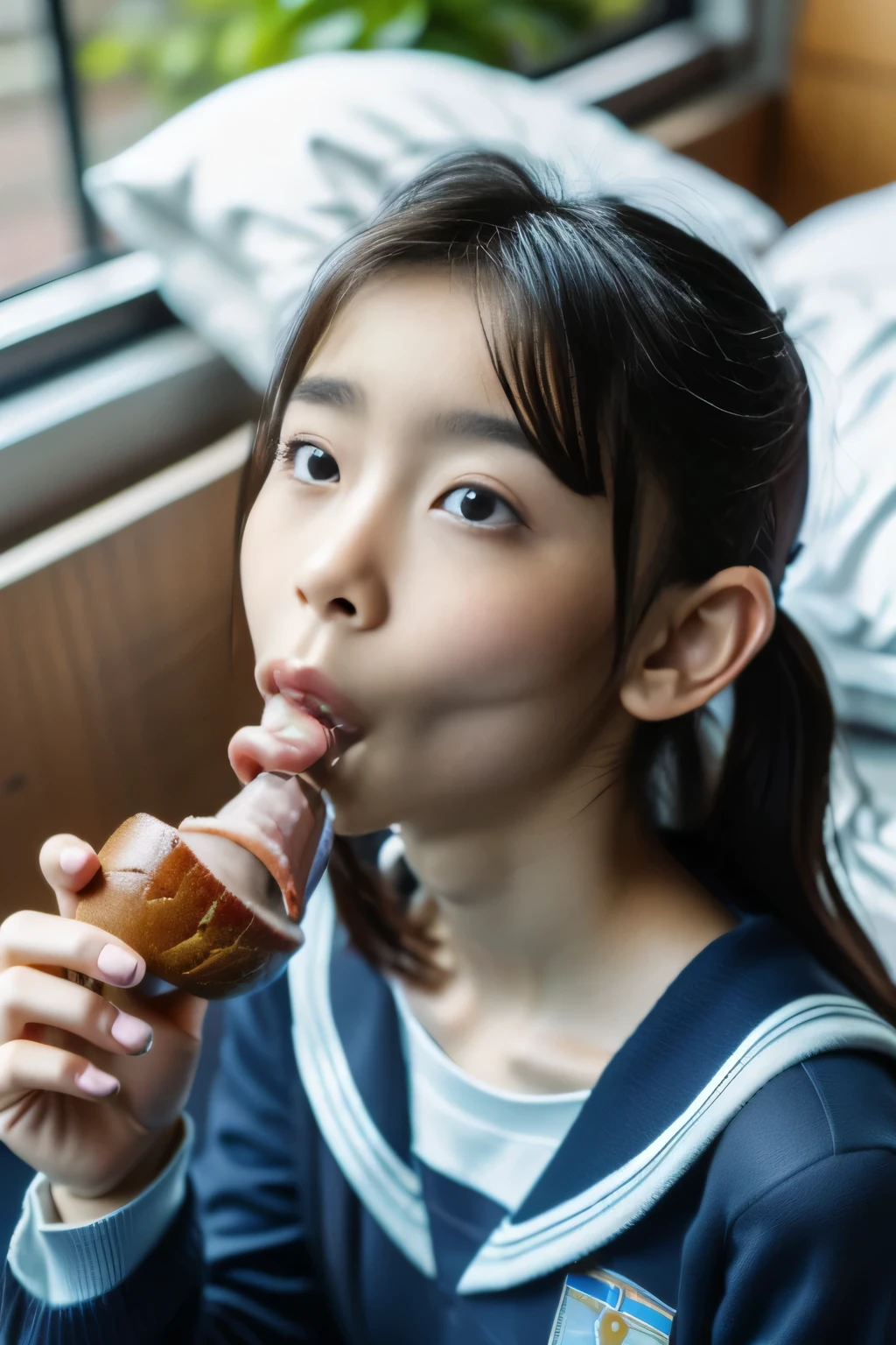 masterpiece, best quality, intricate details, extremely detailed, cinematic lighting, solo, 1girl, a 16yo Japanese schoolgirl, White skin, (oral, blowjob, deepthroat, french bread in hand, shovel a big sausage into mouth, fully open mouth:1.4), (large breasts, ), dark hair, twintail hair, cute face, extremely detailed face, beautiful detailed eyes, sophisticated nose, pale skin, fine-textured skin, sweaty, shiny skin, photo background, at bed, school uniform, school uniform, japan, jav, deep throat, 