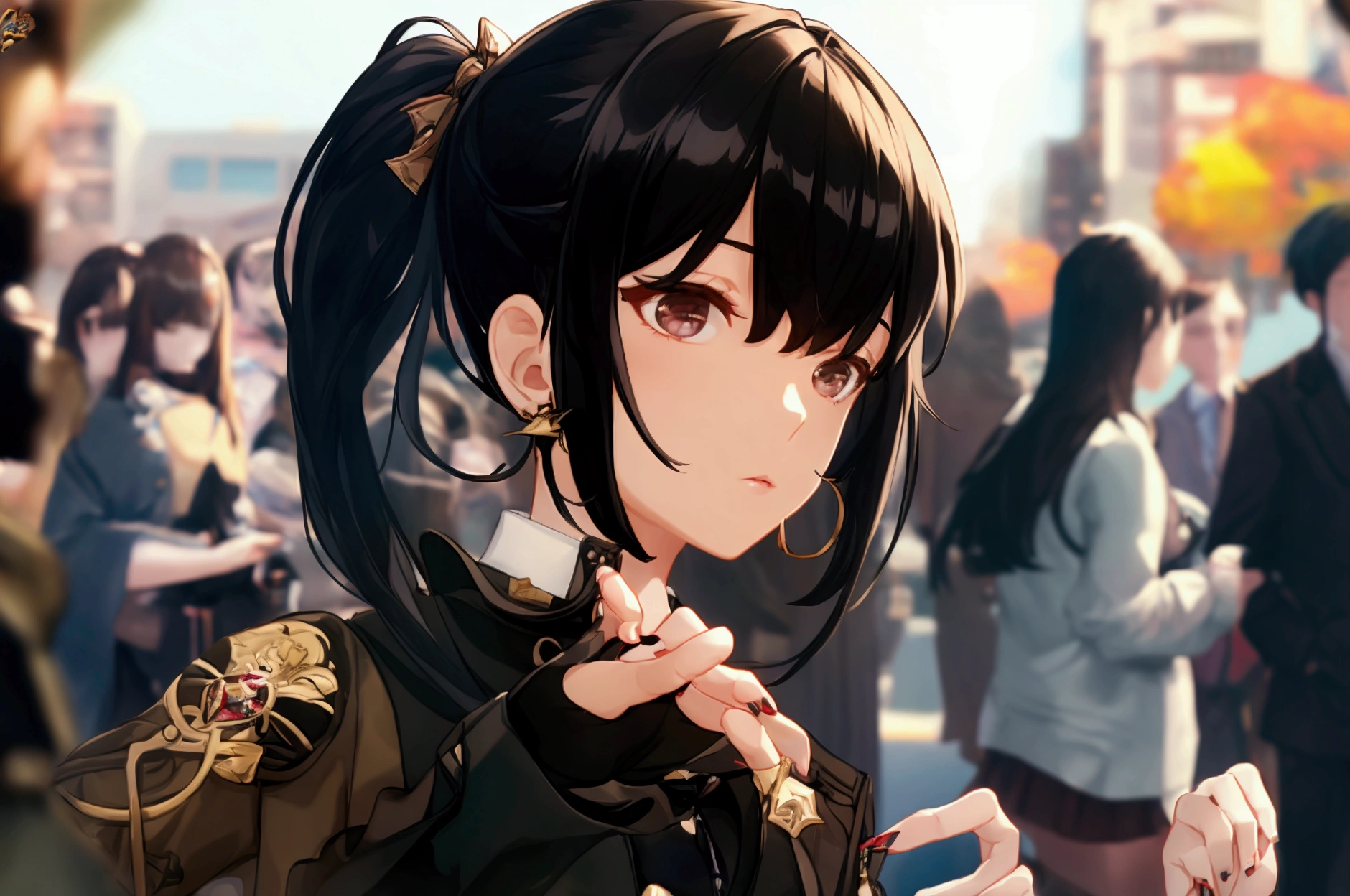 Characteristic,, ,  1 girl in uniform,  , bangs, black  skirt, black  sweater , Blue Claws, Blurred, Blurred background, chest,  brown eyes,  brown hair , brown  jacket,  Closed Her Mouth , day付付き, day,  depth of field,  earrings, eyelash, Raise your hand,  tilting your head ,  jacket,  jewelry,  long hair,  Long Sleeve ,  viewers holding dolls, medium chest, Manicure, Open clothes, open  jacket, Outdoor, Pursed lips,  shirts in, side lock,  skirt,  sleeves over the wrist , Alone,  sweater ,  upper body, zipper, , , ((masterpiece)), , 