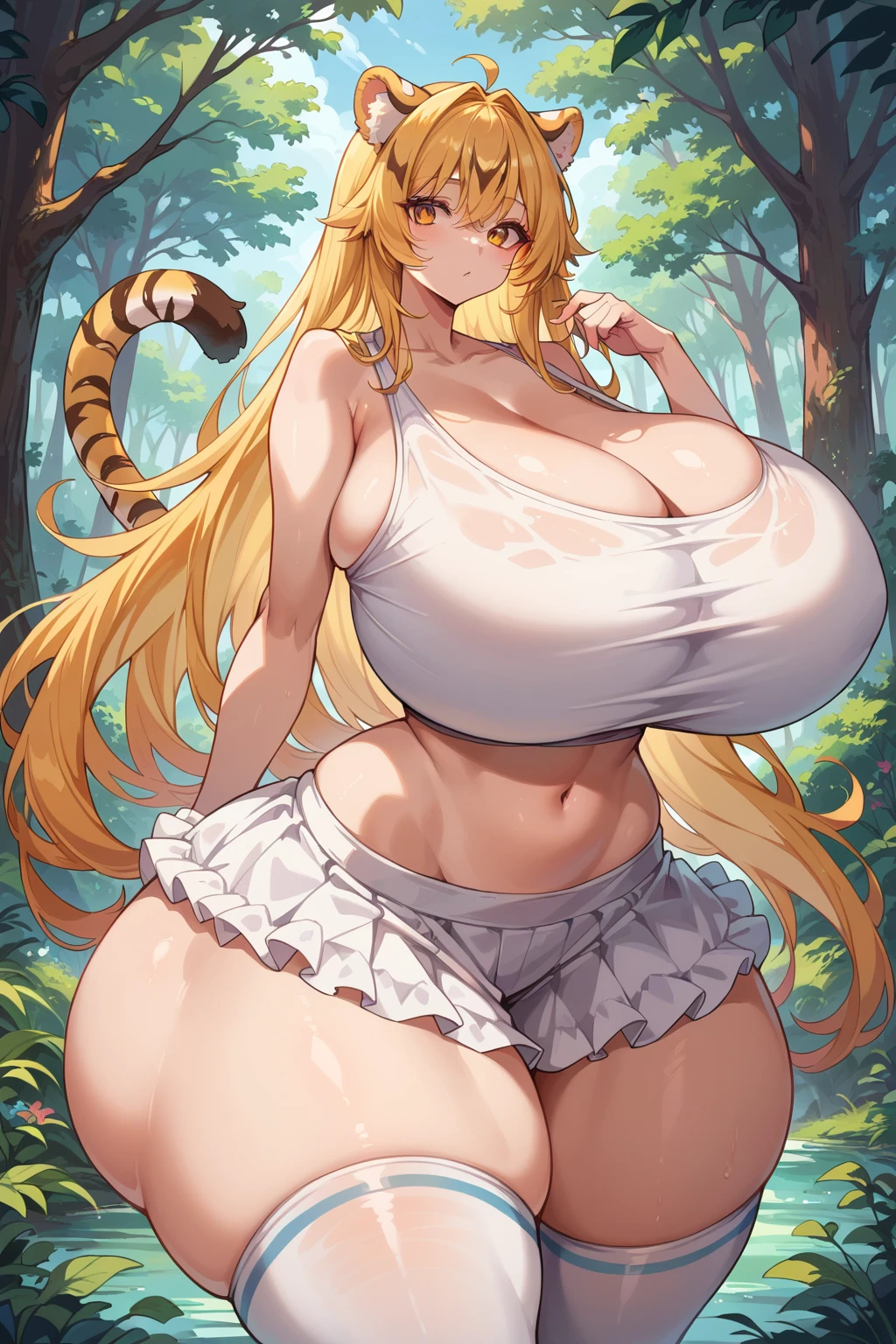 tiger colored hair, long hair, tiger ears, golden eyes, light tan, cute, (gigantic breasts, bottomheavy, gigantic ass, gigantic thighs, extremely wide hips, curvy, slim waist), white cropped tank top, white frilled skirt, thighhighs, forest, nature