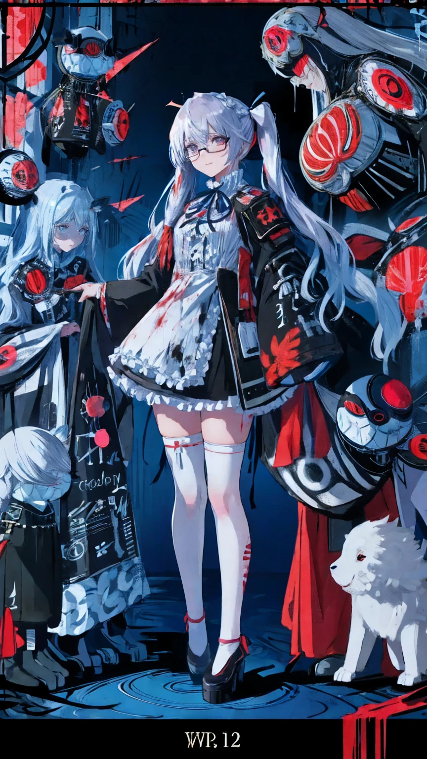 Tokyo ghoul style, female, 22, long white wavy hair in 2 pigtails, light blue bow accessories, white and baby blue ****ta dress, black Mary janes, white knee high socks, holding a stitched up toy rabbit, adult woman, mature, grey eyes, glasses, smiling, standing over a bloodied , covered in blood splatter, headless dolls on the ground, mutilated stuffed animals
