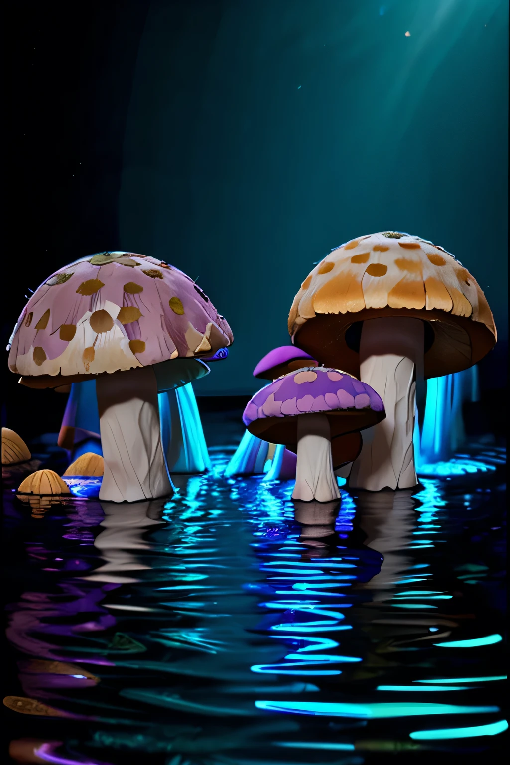 Giant purple, orange and gold mushrooms in water, in the background a diffuse and ominous cyan light flashes, volumetric lighting, 8k,