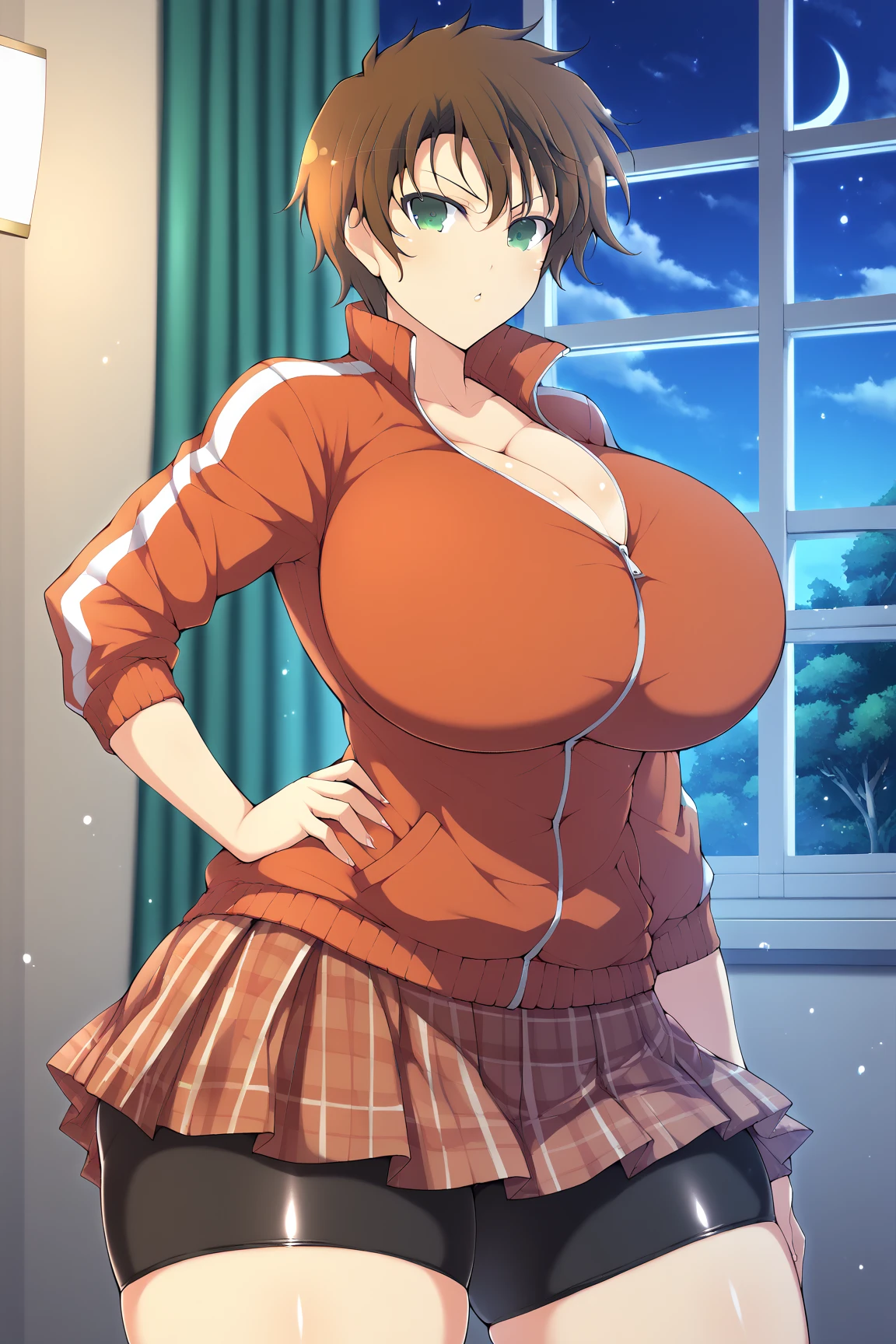 yaegashi nan, senran kagura, senran kagura burst, senran kagura new link,Inazuma 
, ,,  gigantic breasts, gigantic ass, giant thighs,(solo, hand on own hip) ,(indoors, night, window), akiratoume, short hair, brown hair, multicolored hair, green eyes, large breasts, tanlines, skirt, bike shorts, jacket, track jacket, plaid skirt, 16k, masterpiece, absurdes, highly detailed, highres, high quality, best quality, score_9, score_8_up, score_7_up, score_6_up, shiny, shiny skin, shiny hair, shiny clothes, looking at viewer, portrait, upper body, close-up,
