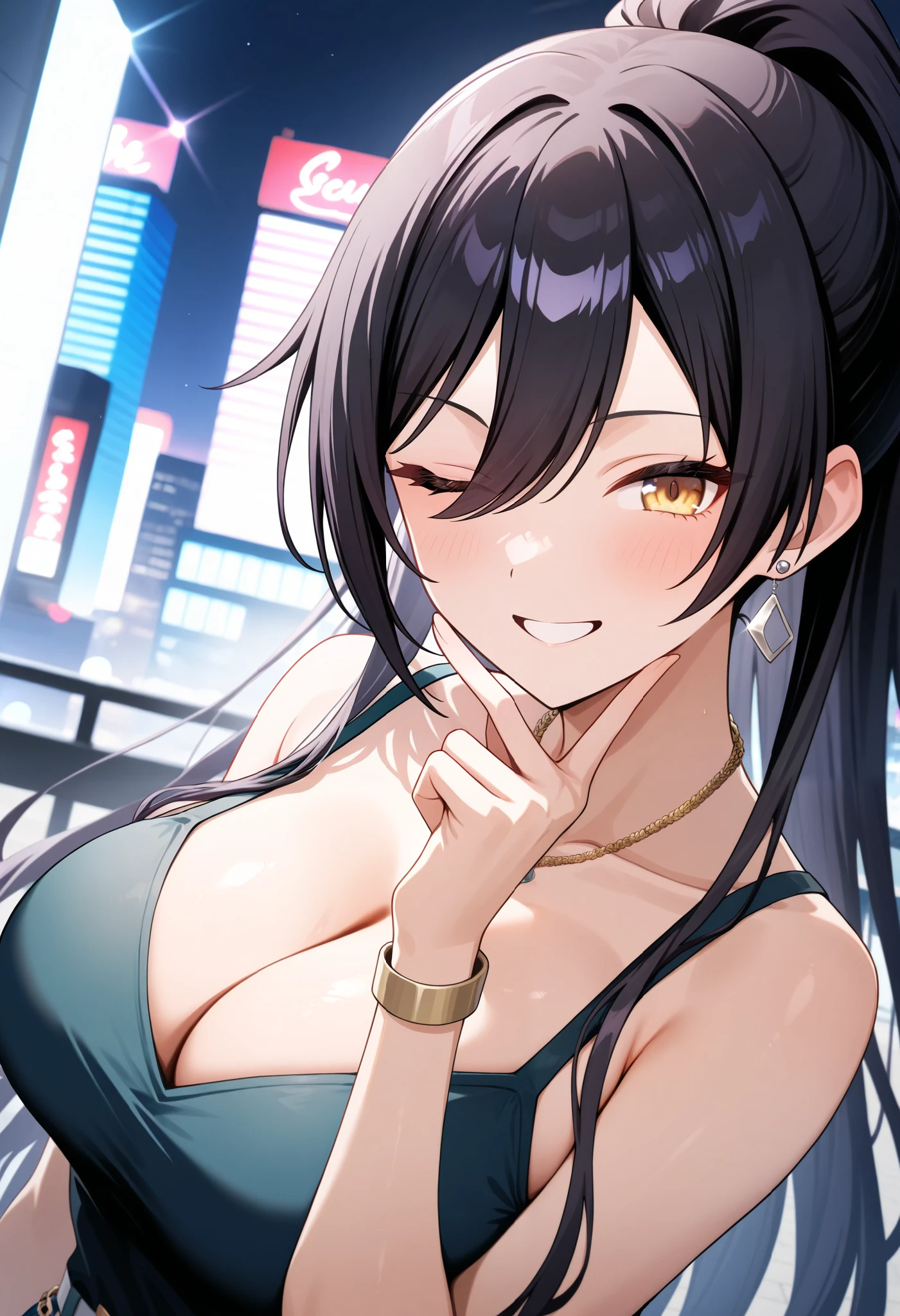 1girl, shirase sakuya, idol master shiny colors. An illustration of a girl with long black hair and yellow eyes. She poses for a photo shoot. questionable, upper body, looking at viewer, large breasts, cleavage, necklace, standing, hand on own chin, smile, one eye closed, city, bloom, masterpiece, best quality, very aesthetic, absurdres