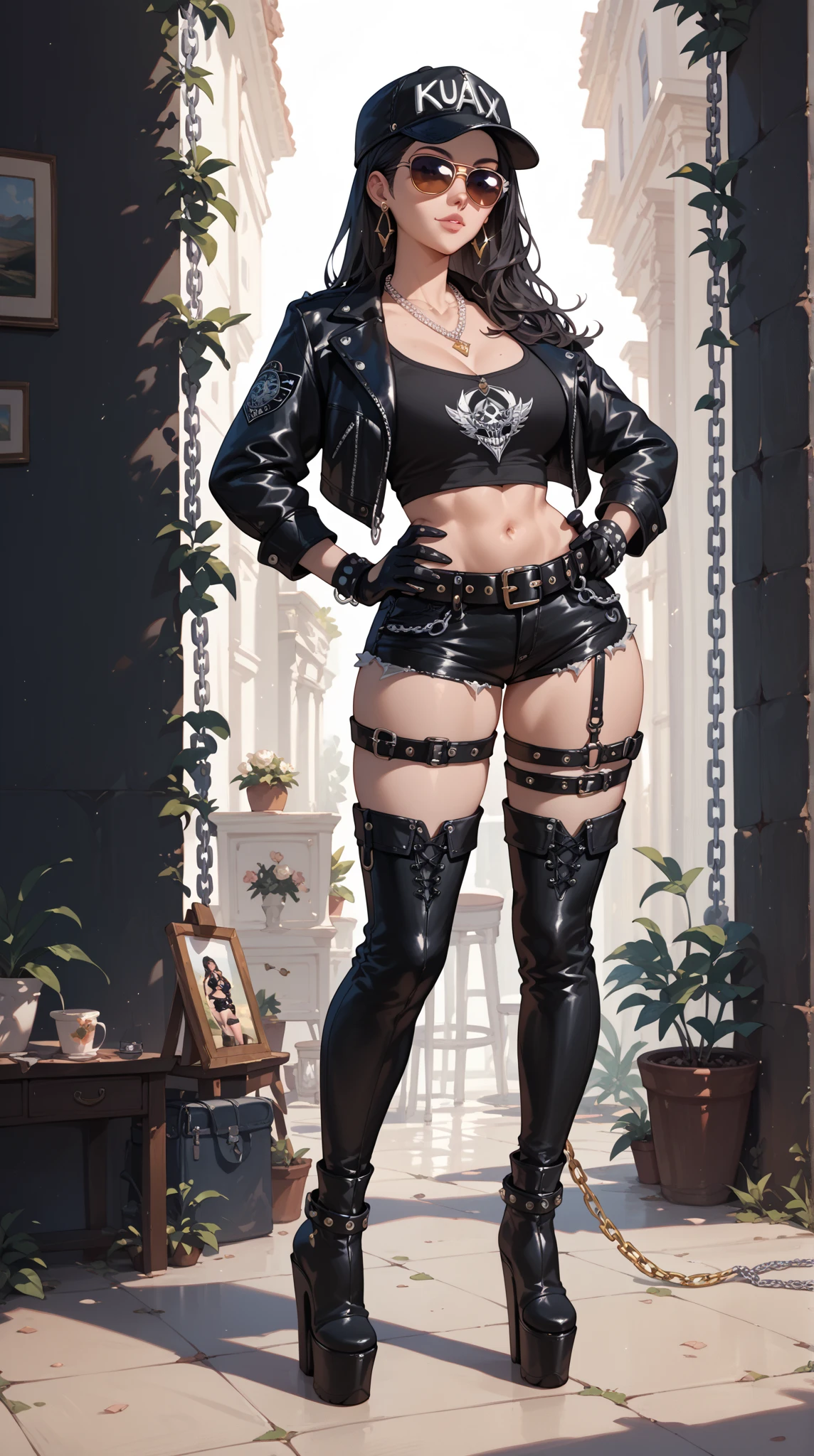Beautiful woman colored hair, sitting cross-legged sexy black golden thong, high combat military boots, muscular, long breasts cyberpunk style realistic detailed