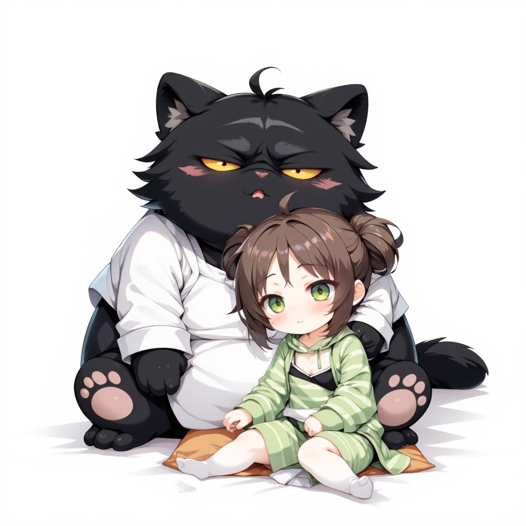 Watercolor painting illustration, full body, A big-black-cat and A cute-young-girl are sitting on cushion, A big-black-cat is 1cat\(A fat furry male black cat, wearing a white apron with long sleeves, His Ears tilted back and spread out to the sides, drooping ears, Slit yellow eyes, slit eyes, slit yellow eyes\), A cute-young-girl is 1girl\(brown hair, asymmetrical hair, updo, Lime Green eyes, A light green horizontal striped open-front hoodie over a black camisole, Light green striped shorts, White thigh high socks, wariza\), simple white background