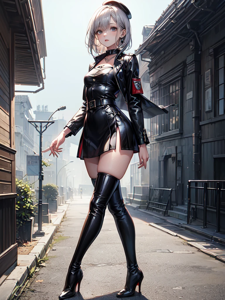 (highest resolution, distinct_image) Best image quality, masterpiece of male god, high detail, semi-realistic, short black hair, black hair, bangs, 18 years old, mature, young, tall and strong, black tights, black stockings, black flight suit, spacecraft background, cold, serious, tall and handsome, authoritative, powerful, delicate facial features,