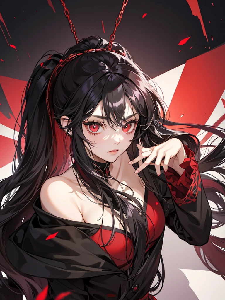 Woman, black messy long hair, no hair on the forehead,red eyes, evil smile, adult body, black kimono clothes, red details in clothes,