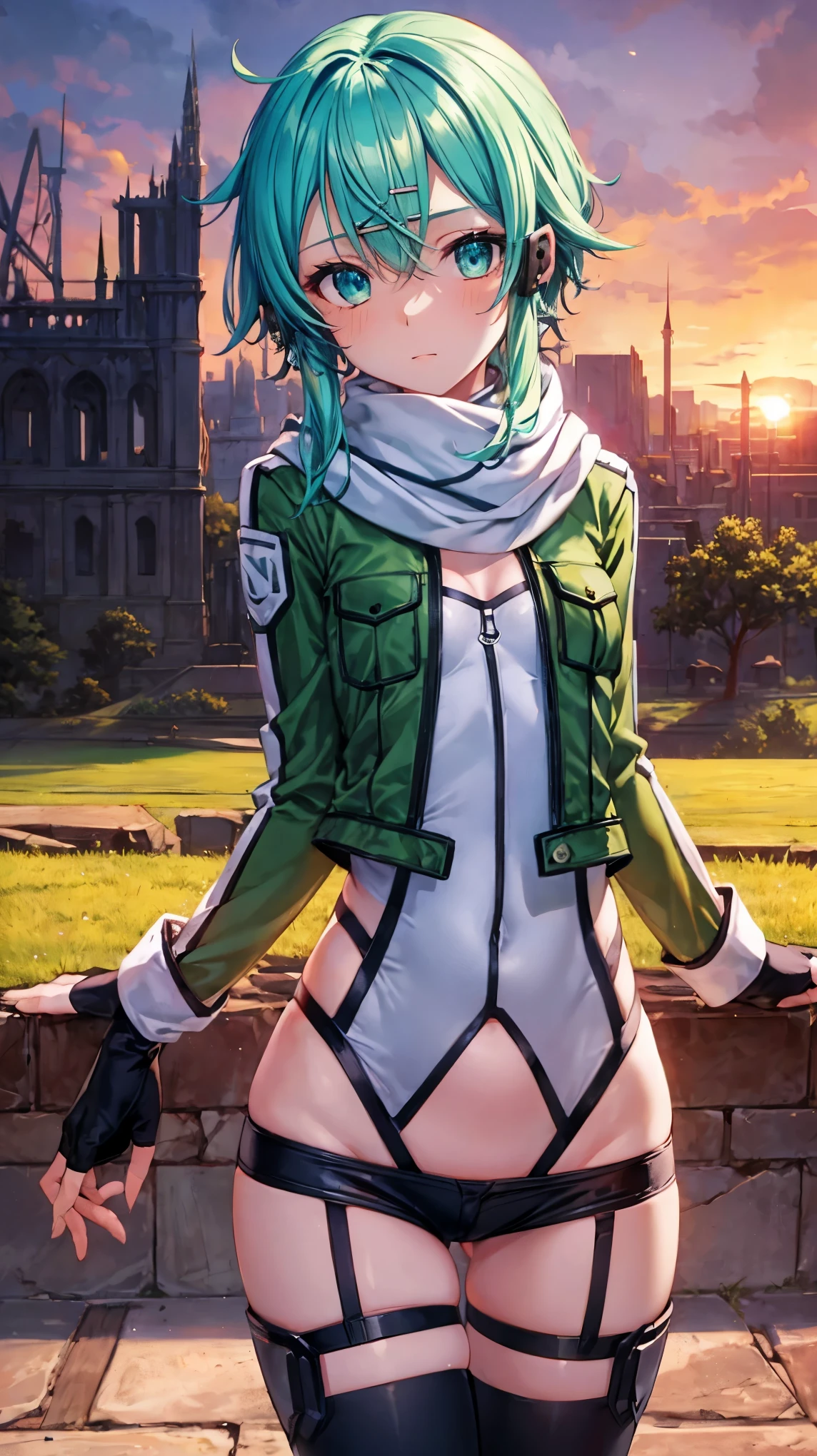 (masterpiece), best quality, expressive eyes, perfect face, highres, sinon1, scarf, fingerless gloves, long sleeves, short shorts,groin, hair ornament, hairclip, green thighhighs, green jacket,covered_, thigh strap, field, sunset_ruins_landscape_background, ruined structures, dynamic_posing, looking at the viewer,,covered_navel,
