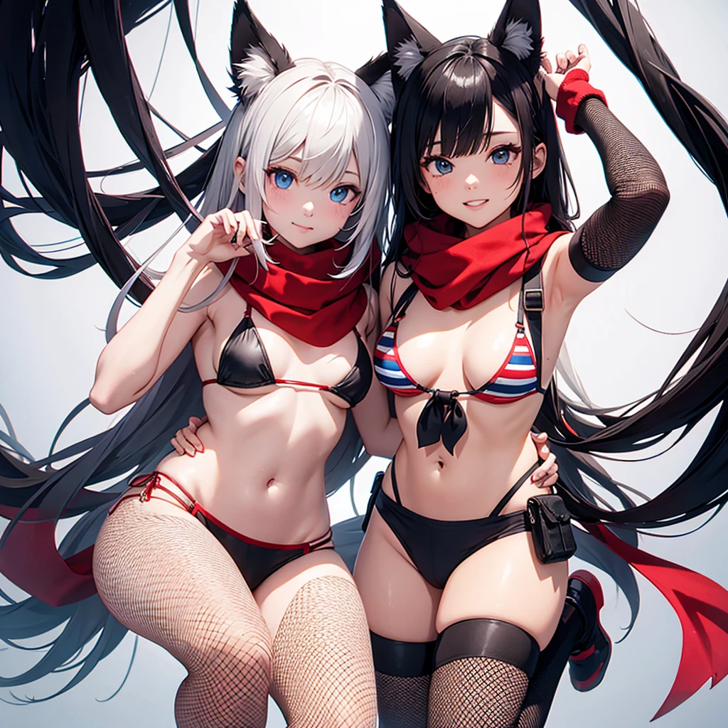 A girl with dark blue hair has a large penis growing out of her vagina, Cat ears and tail, Wearing a black bikini and racing shorts　 body type　　Twin tails　　　　Flat Chest　Wearing a hoodie　Butt details　Hold the ninja sword　　