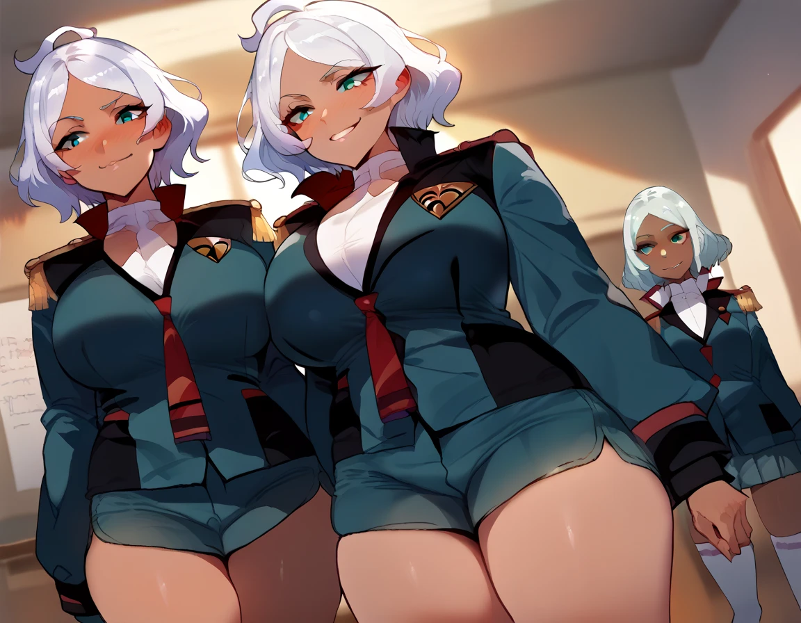  score_9,  score_8_up,  score_7_up,  source_Anime,
  Cecelia Dot, Cecelia Dort, Dark Skin, Dark skinned woman,  green eyes,  short hair,  white hair , smile,
asticassia  school uniform, green  jacket,  jacket,  school uniform,  shirt, Epaulettes, Thighsまで丈の靴下, Thighs, white  shirt, white Thighsまで丈の靴下,
indoor, classroom,  lean forward ,
 watching viewers,  Dutch angle ,  cowboy shot、huge breasts