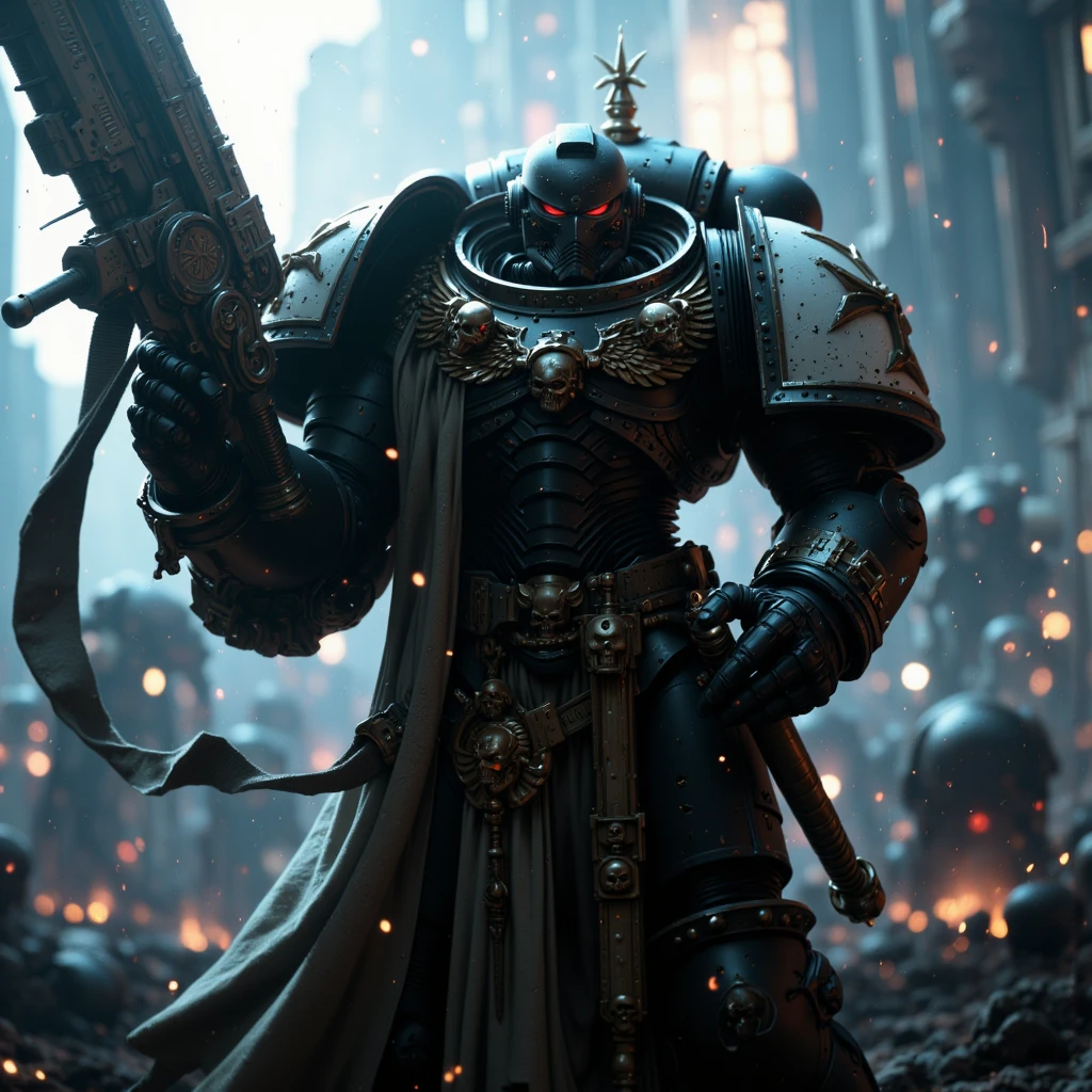 cinematic film still, Black tamplers, large space marine, Holds a sword above himself, Swings his sword, highly detailed, bokeh, moody, epic, film grain, grainy 