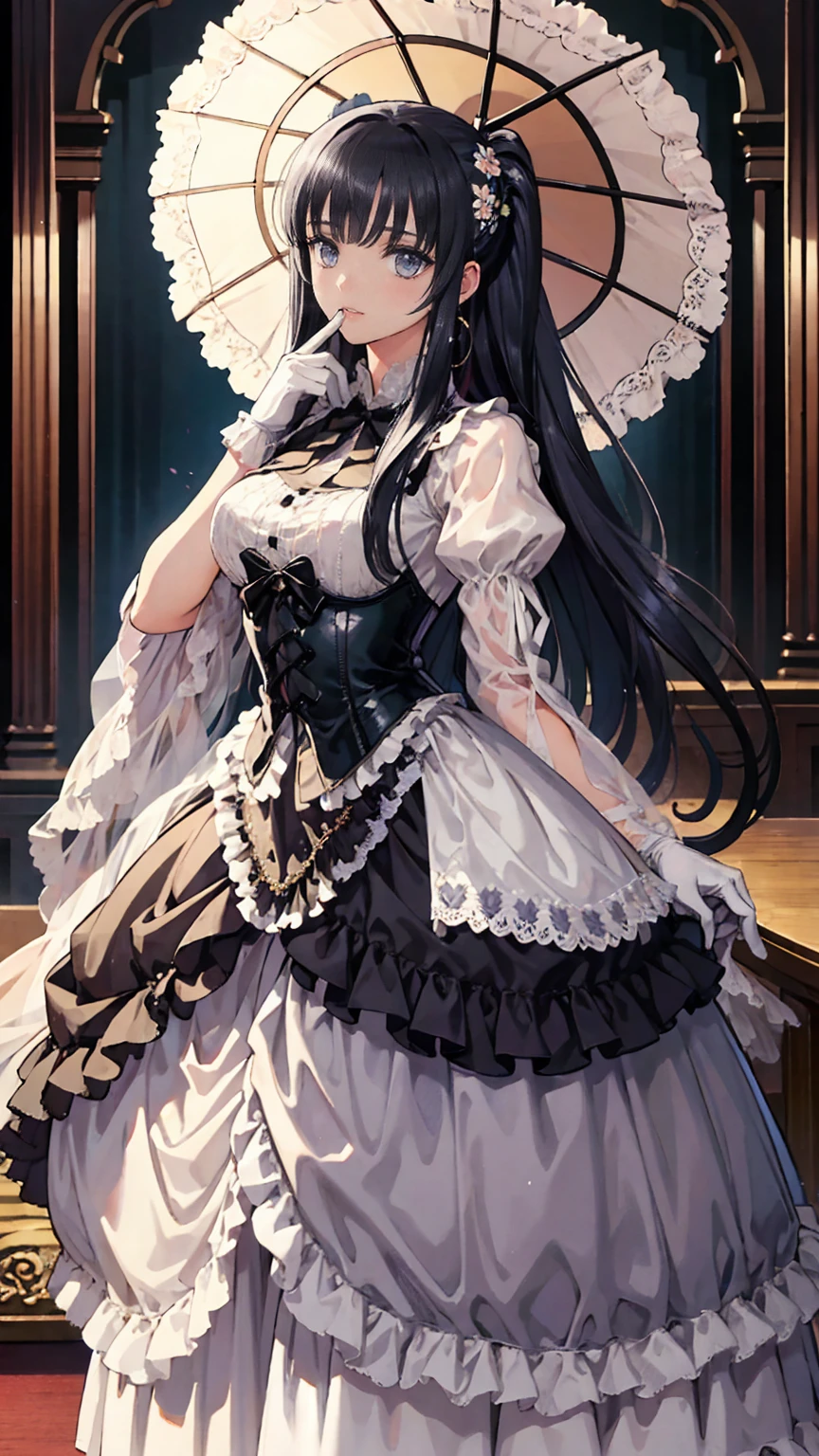 ,  full body view,  Head to Toe Composition, (  masterpiece  ), ( top quality),  Victorian Girl's Illustration  、cute girl、Anime、 1. **Low Fashion**:  Victorian Fashion  、 It features a gorgeous and elegant design 。Ruffles and lace、  corset 、  Incorporating elements such as long dresses  。 2. **Hairstyle on**:  Victorian Woman's Hairstyle  、  Draw accessories with attention to detail  。Upstyling and curls、 At the prompt 、 It's nice to wear a ribbon  , Floral decoration, hang on. In your hair .。 3. **features**: girl with a kind face 、beautiful、cute、 Intelligent Beaty  , beautiful 5. **  with Accessories  **:  Accessories played an important role in drawing accessories by focusing on every detail 。  have  、  gloves、[umbrella, hang on a minute .、  detailed  、 、 In the Victorian era, 、 Personalities of characters such as long dresses  。 Nice dress、  floral、 Gorgeous outfit 、  pastel colors , ( Shine bright ), (( Wonderful )), (  Girl with lots of dancing petals  , ((2D)), ((Paper Art))
