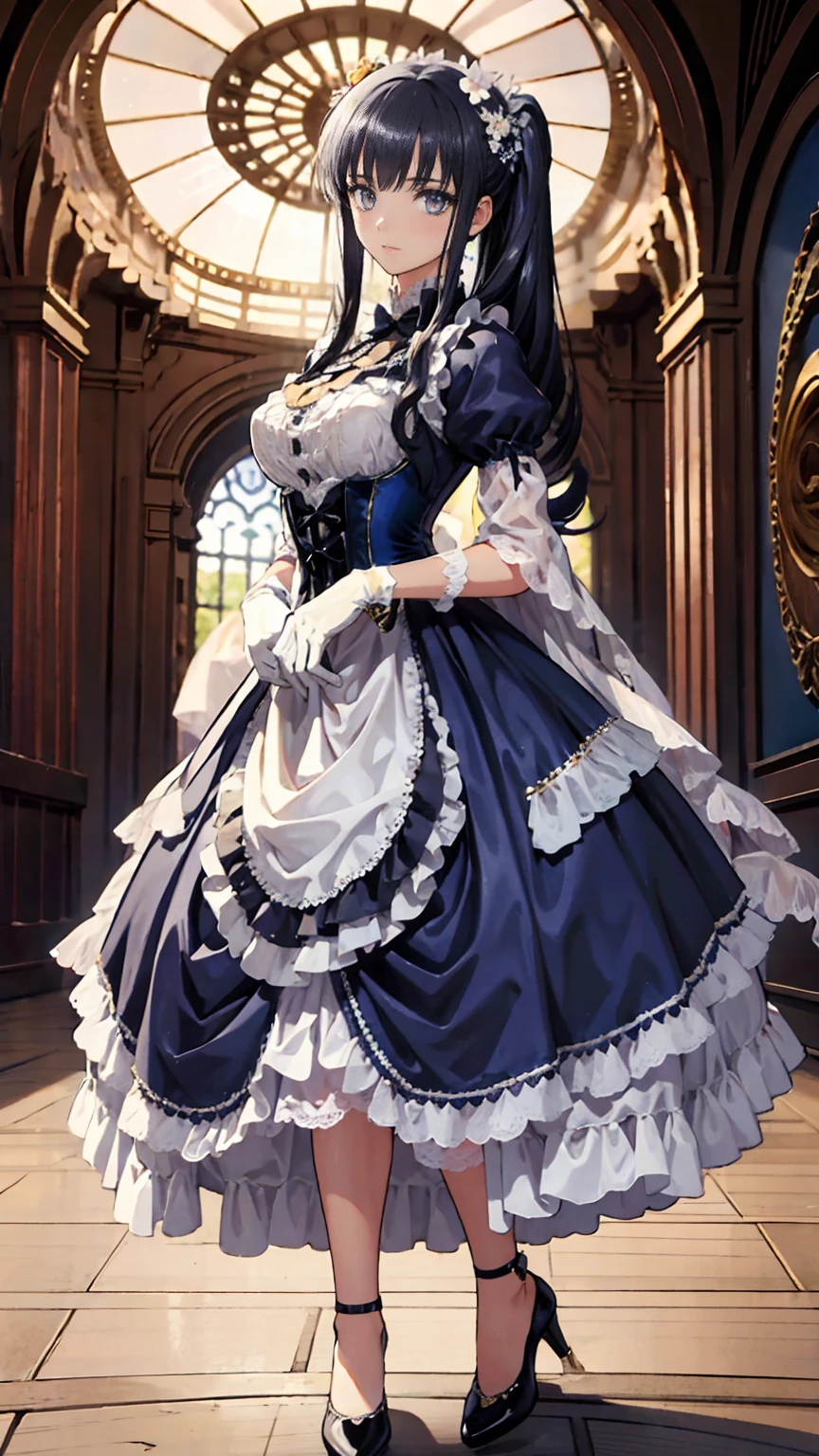 ,  full body view,  Head to Toe Composition, (  masterpiece  ), ( top quality),  Victorian Girl's Illustration  、cute girl、Anime、 1. **Low Fashion**:  Victorian Fashion  、 It features a gorgeous and elegant design 。Ruffles and lace、  corset 、  Incorporating elements such as long dresses  。 2. **Hairstyle on**:  Victorian Woman's Hairstyle  、  Draw accessories with attention to detail  。Upstyling and curls、 At the prompt 、 It's nice to wear a ribbon  , Floral decoration, hang on. In your hair .。 3. **features**: girl with a kind face 、beautiful、cute、 Intelligent Beaty  , beautiful 5. **  with Accessories  **:  Accessories played an important role in drawing accessories by focusing on every detail 。  have  、  gloves、[umbrella, hang on a minute .、  detailed  、 、 In the Victorian era, 、 Personalities of characters such as long dresses  。 Nice dress、  floral、 Gorgeous outfit 、  pastel colors , ( Shine bright ), (( Wonderful )), (  Girl with lots of dancing petals  , ((2D)), ((Paper Art))
