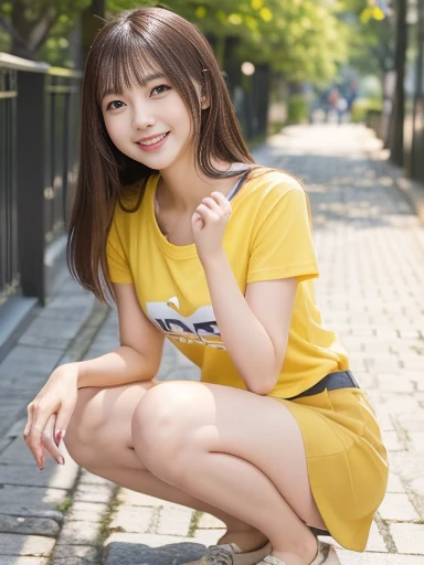 ((masterpiece)), (highest quality), 23 years old,Very detailed, finely, (High resolution), (8k), ((Perfect front viewcomposition)), (Natural color lip),(Side Ponytail:1.3),(((sunny-Lucidで前を向いて立っている, Look at me and smile))),((Printed T-shirt)),((Light orange fitness shorts)),((From the whole body to the toes:1.3)),((Perfect front view)),((sunny-Lucid)),((Natural pose)),,((Big ribbon on thigh)),((Normal size buttocks)),((Ample breasts)),((Full and firm breasts)),(Look at me and smile),(zoom),